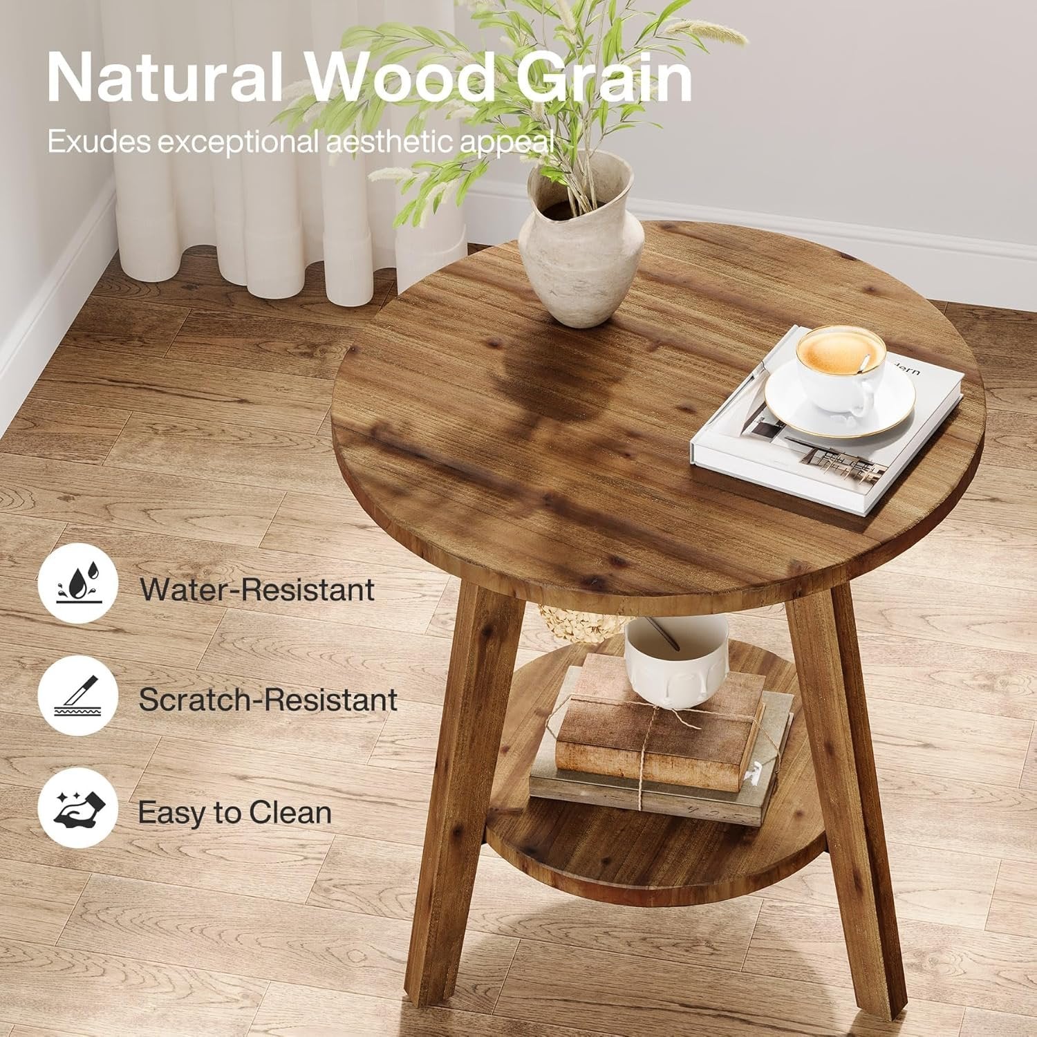 Solid Wood Round End Table, Farmhouse Sofa Side Table with Storage Shelf