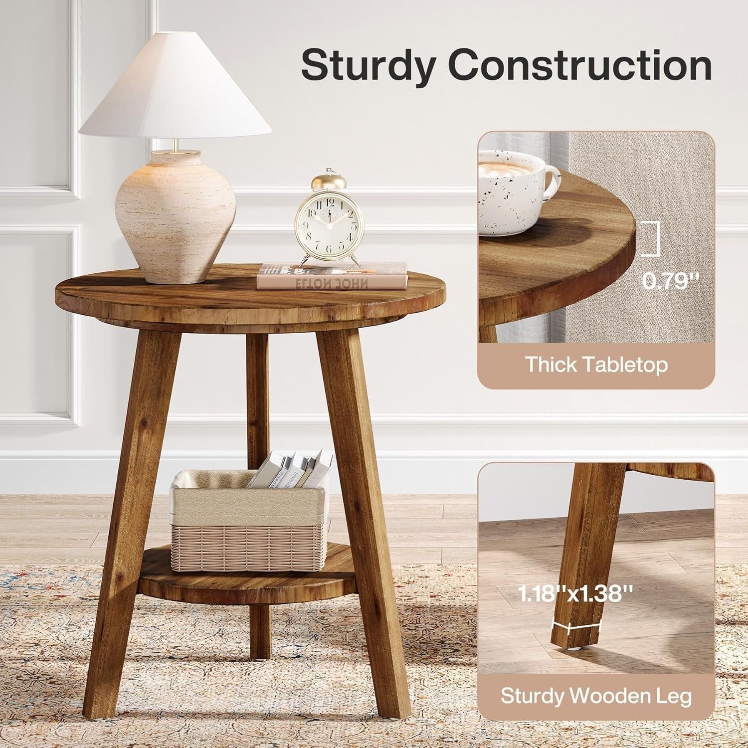 Solid Wood Round End Table, Farmhouse Sofa Side Table with Storage Shelf