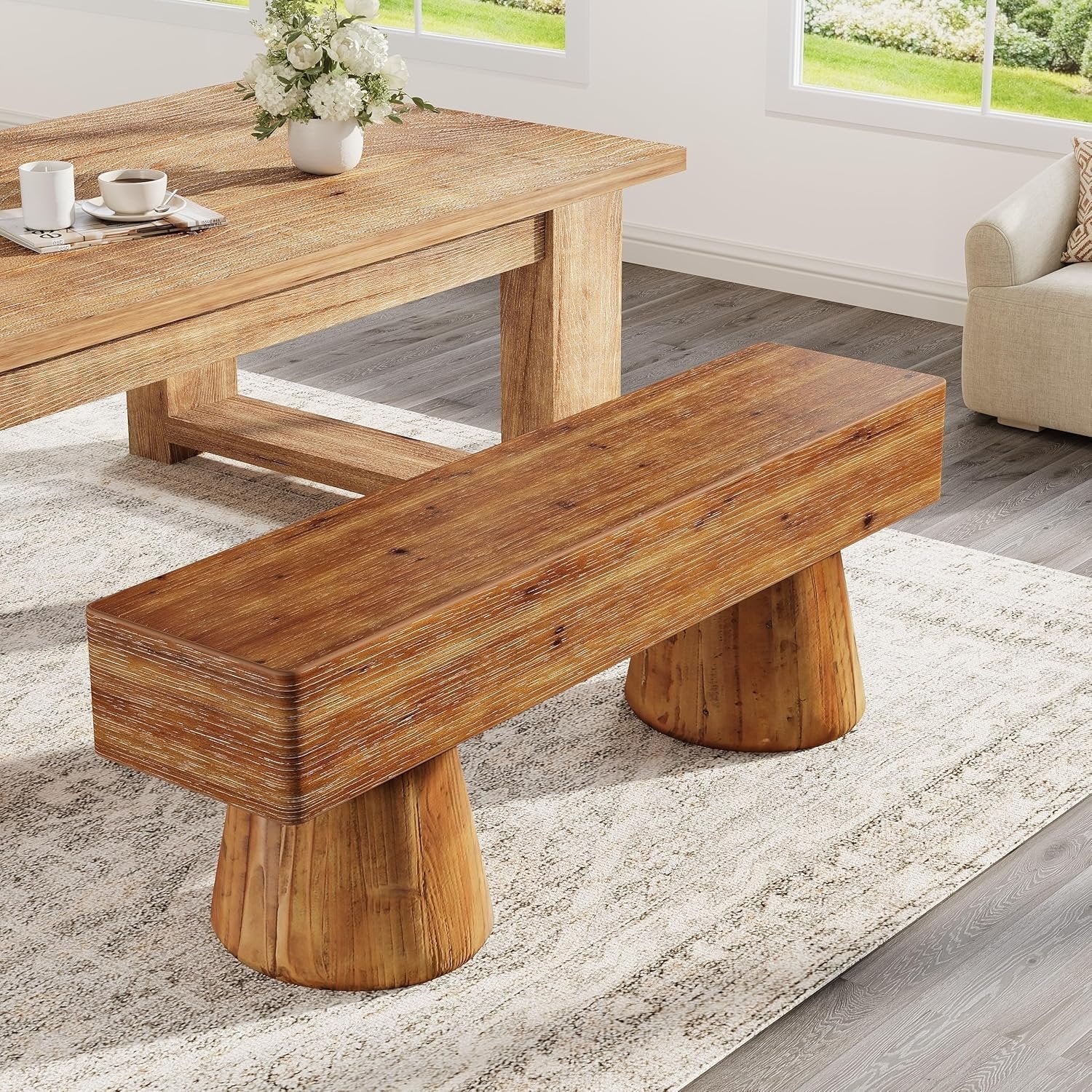 Solid Wood Dining Bench, Farmhouse Kitchen Table Bench Seat with Sturdy Spherical Legs