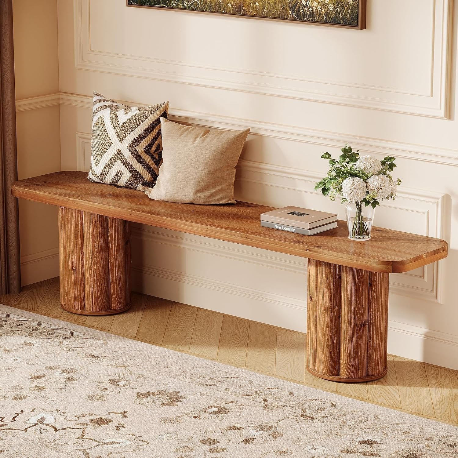 63" Solid Wood Bench, Farmhouse Entryway Bench End of Bed Bench