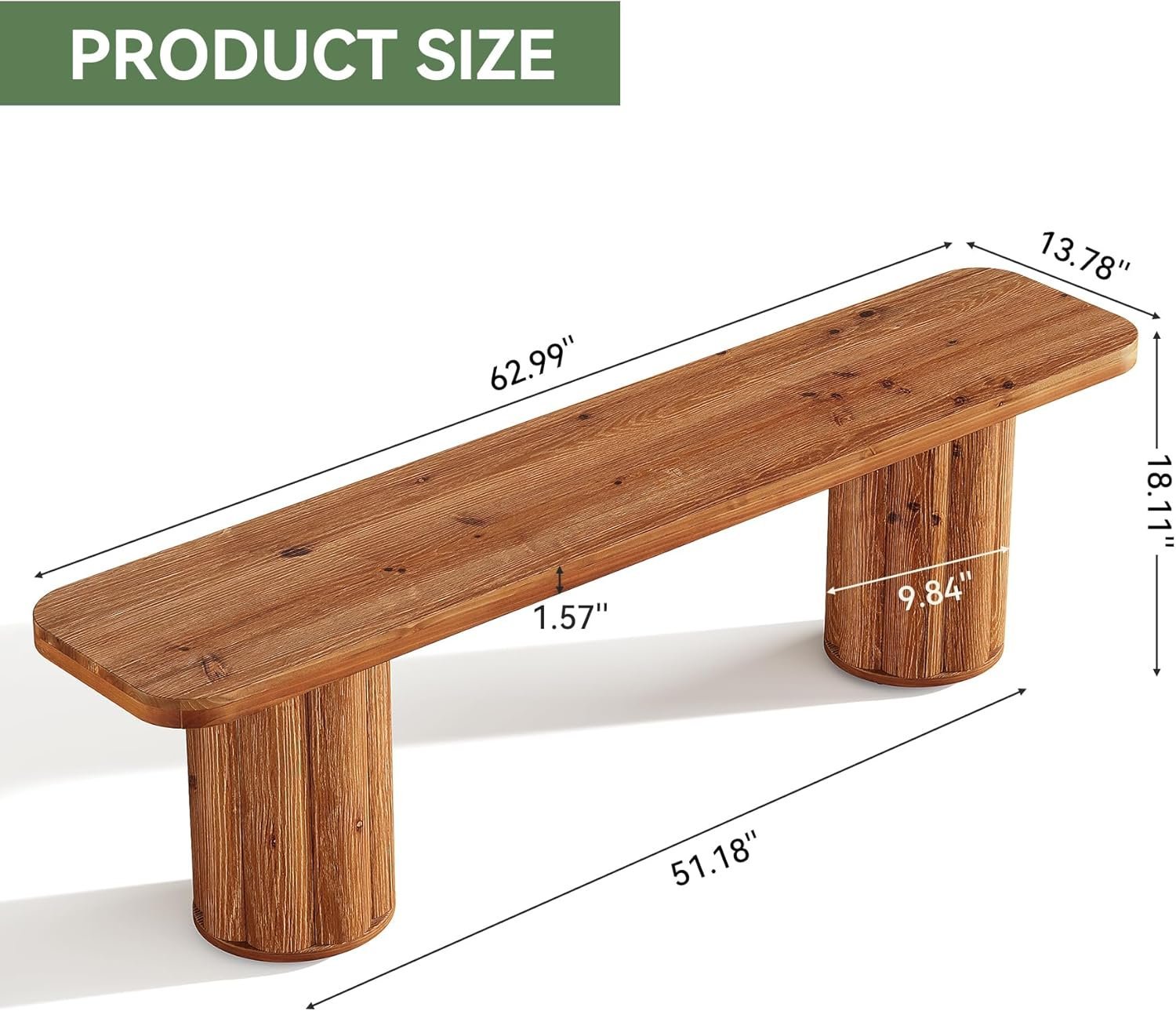 63" Solid Wood Bench, Farmhouse Entryway Bench End of Bed Bench