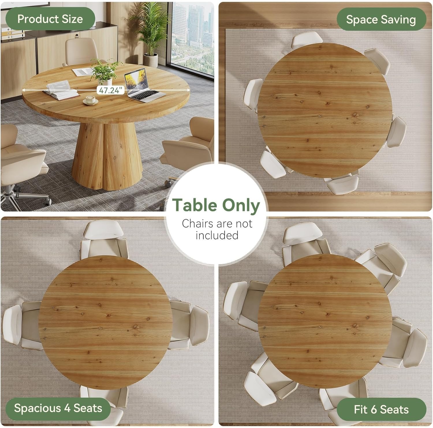 Solid Wood Conference Table, 47.24" Round Meeting Table for 4-6 People