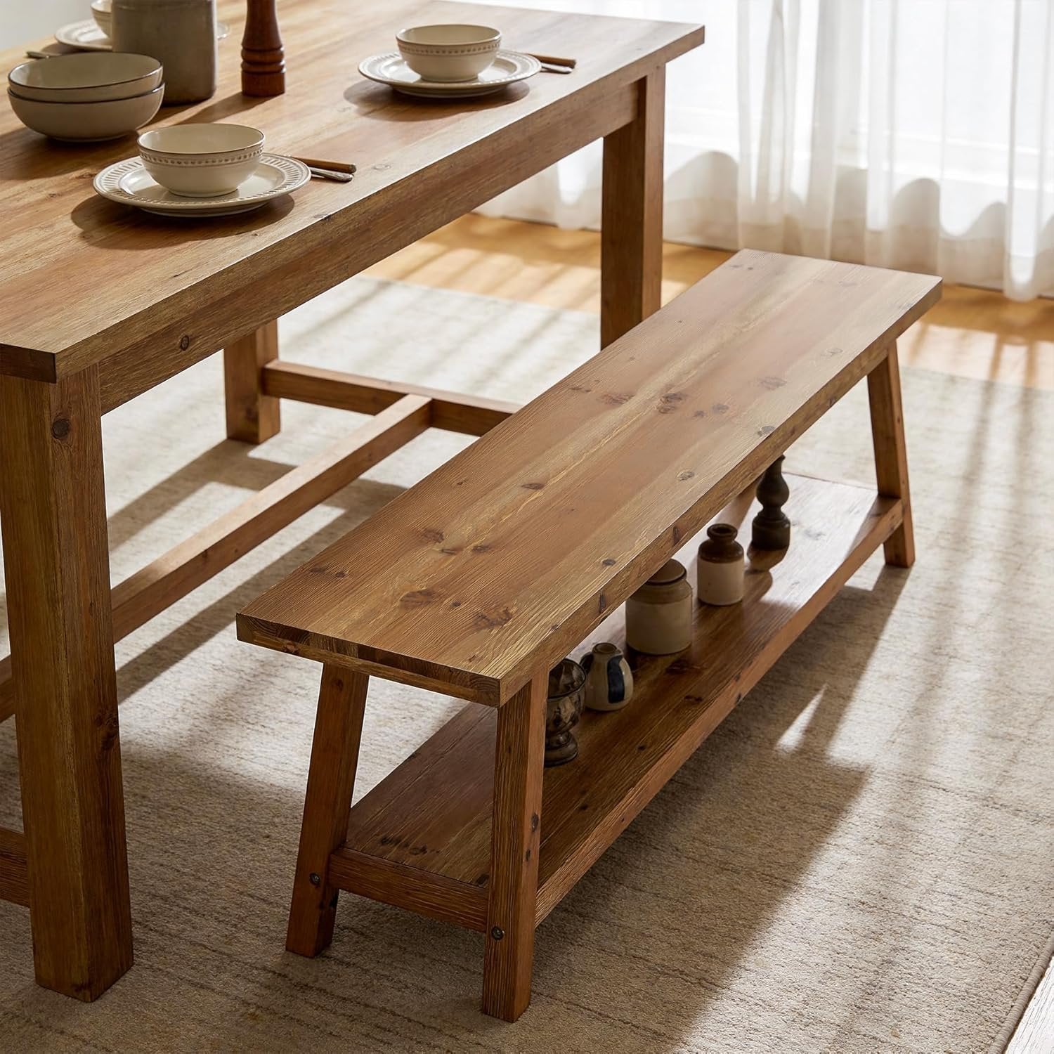 63" Wood Dining Room Bench, Farmhouse Kitchen Bench Seating with Storage Shelf