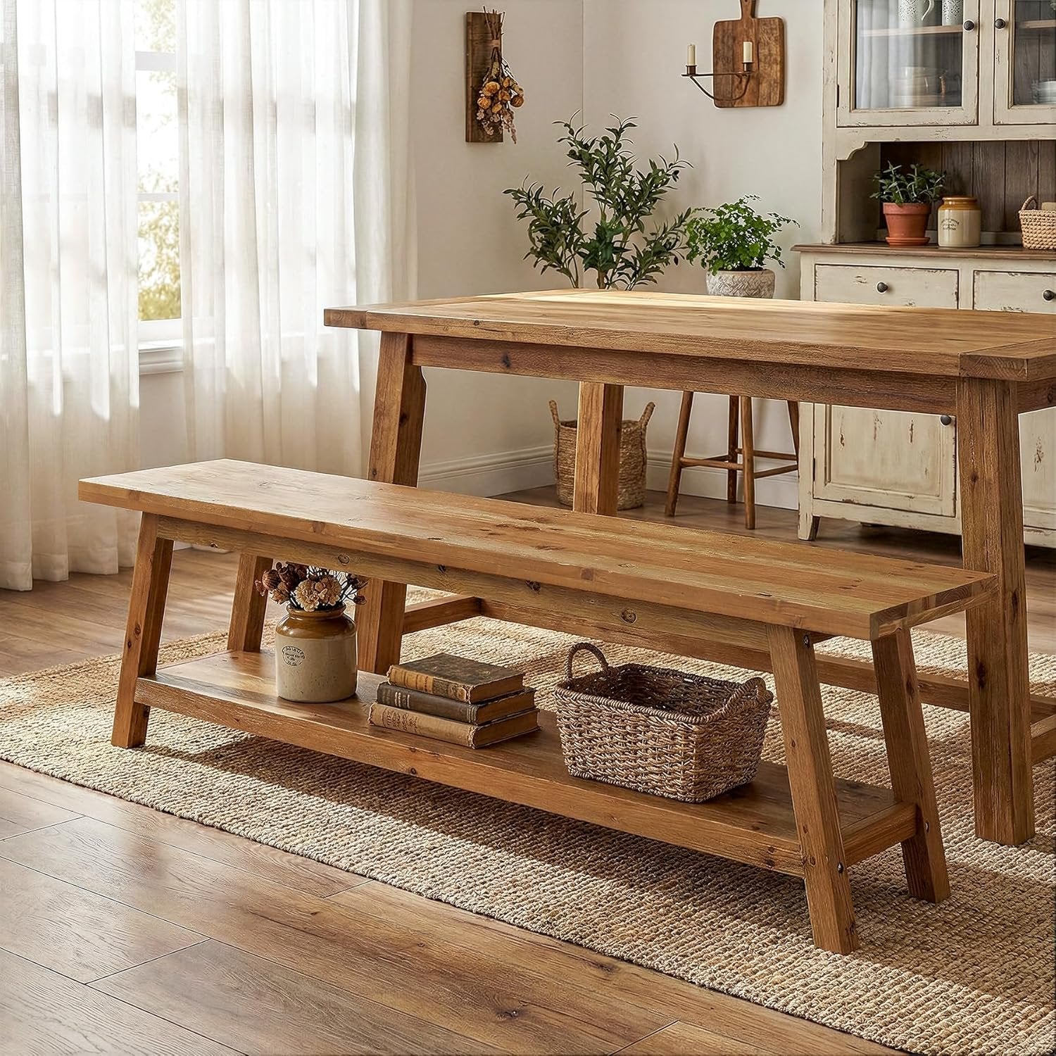 63" Wood Dining Room Bench, Farmhouse Kitchen Bench Seating with Storage Shelf