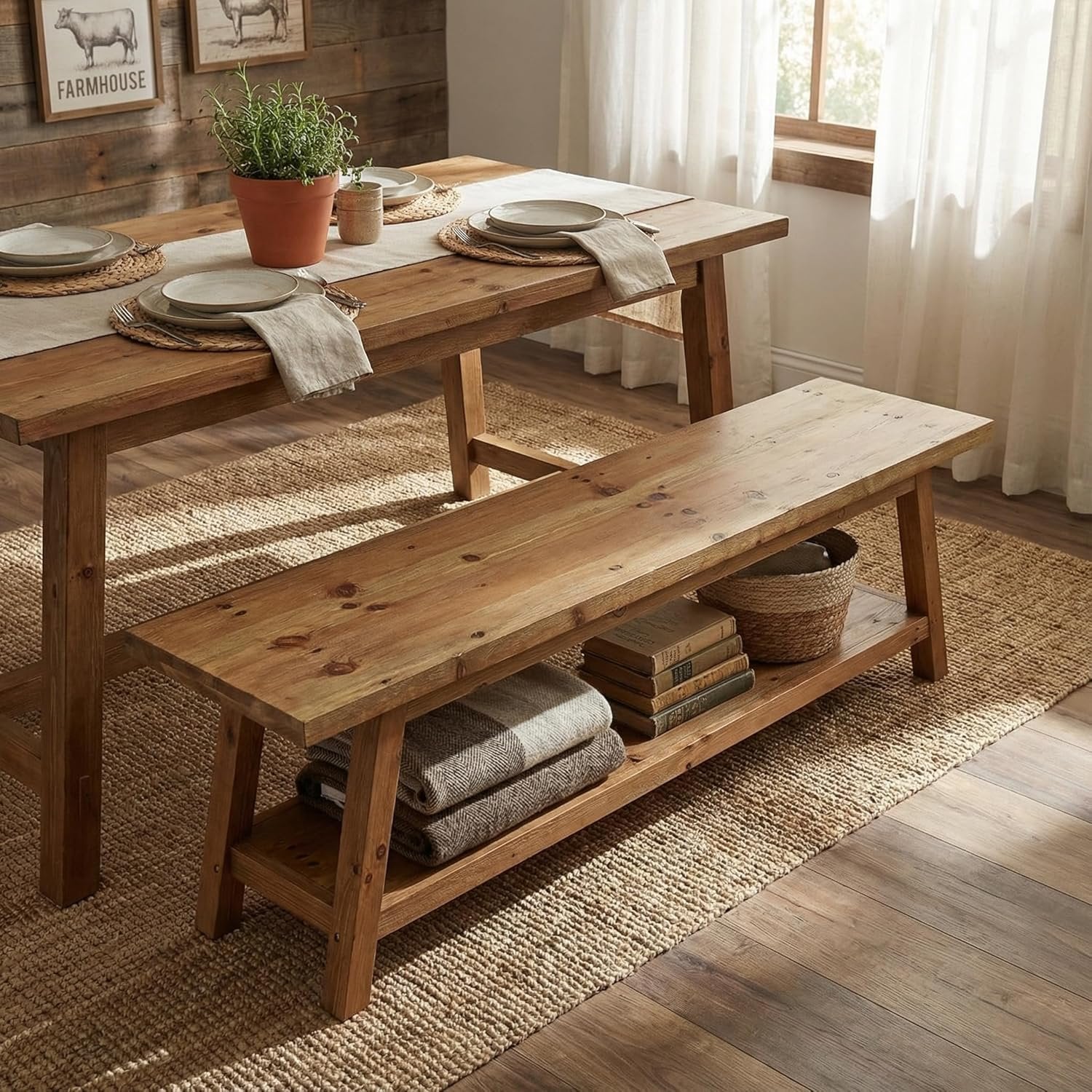 63" Wood Dining Room Bench, Farmhouse Kitchen Bench Seating with Storage Shelf