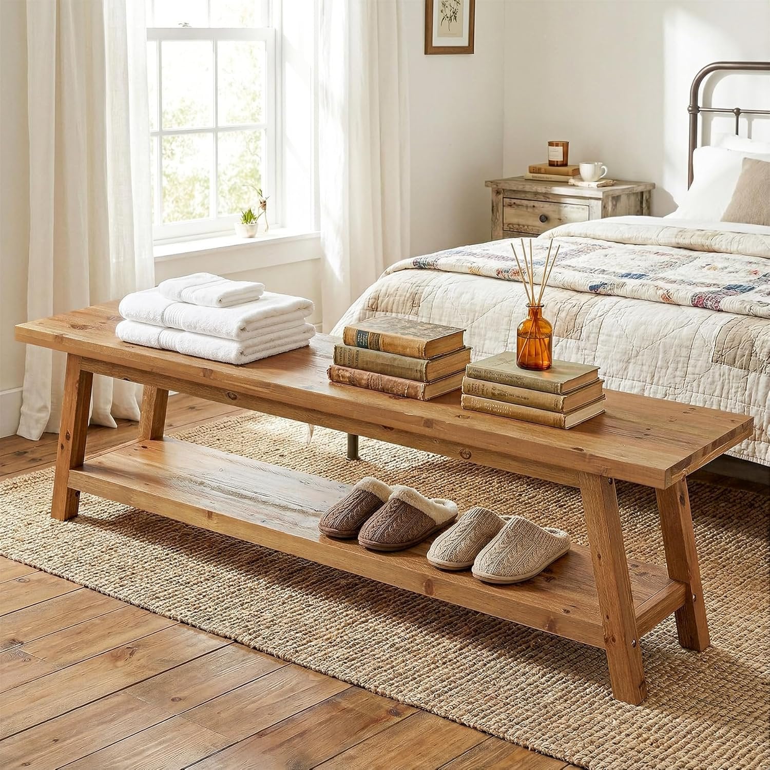 63" Wood Dining Room Bench, Farmhouse Kitchen Bench Seating with Storage Shelf