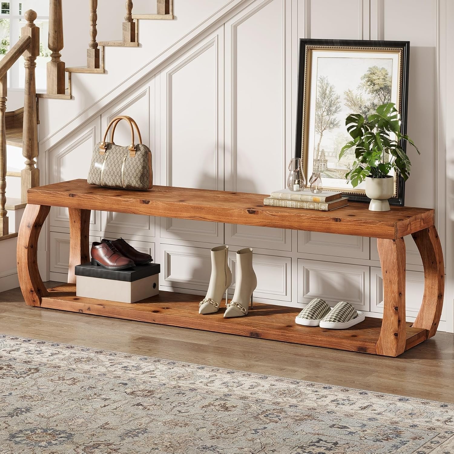 59" Solid Wood Entryway Bench,2-Tier Shoe Bench End of Bed Bench with Open Shelves