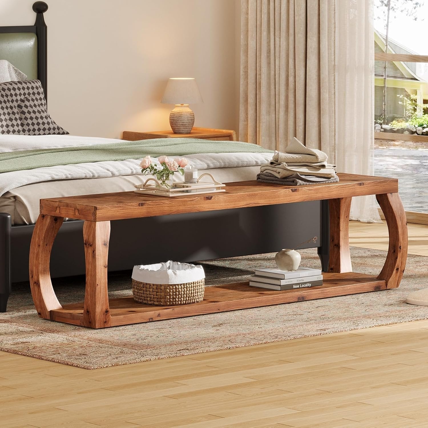 59" Solid Wood Entryway Bench,2-Tier Shoe Bench End of Bed Bench with Open Shelves