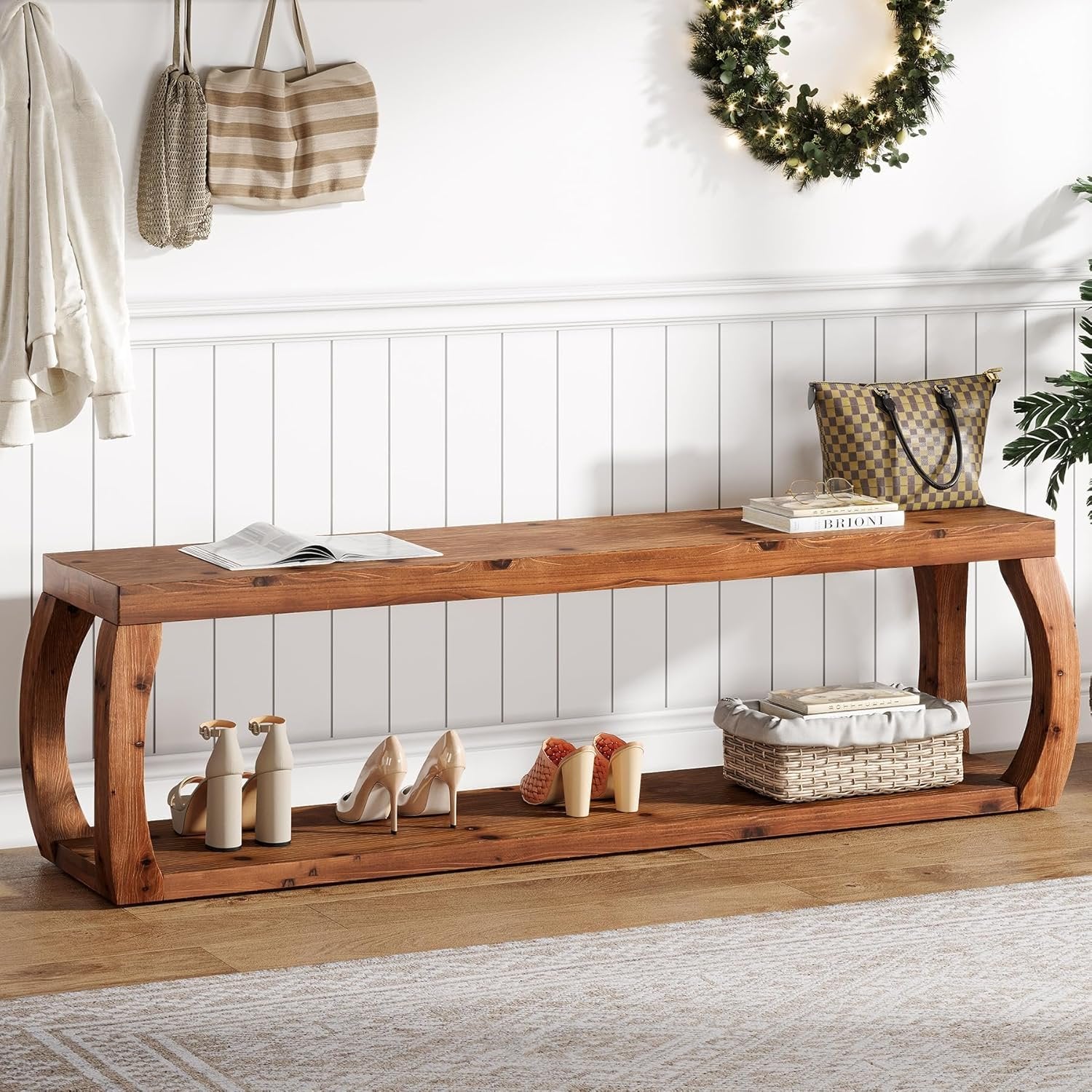 59" Solid Wood Entryway Bench,2-Tier Shoe Bench End of Bed Bench with Open Shelves
