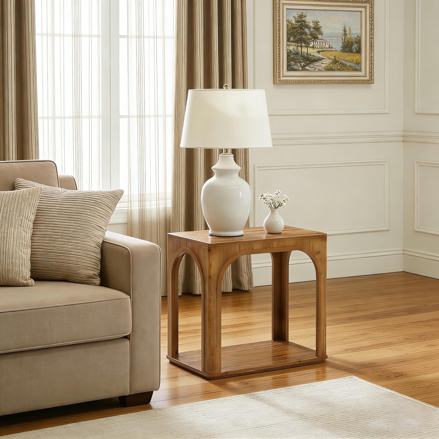 25" Farmhouse Side Table, 2-Tier Solid Wood End Table with Shelf