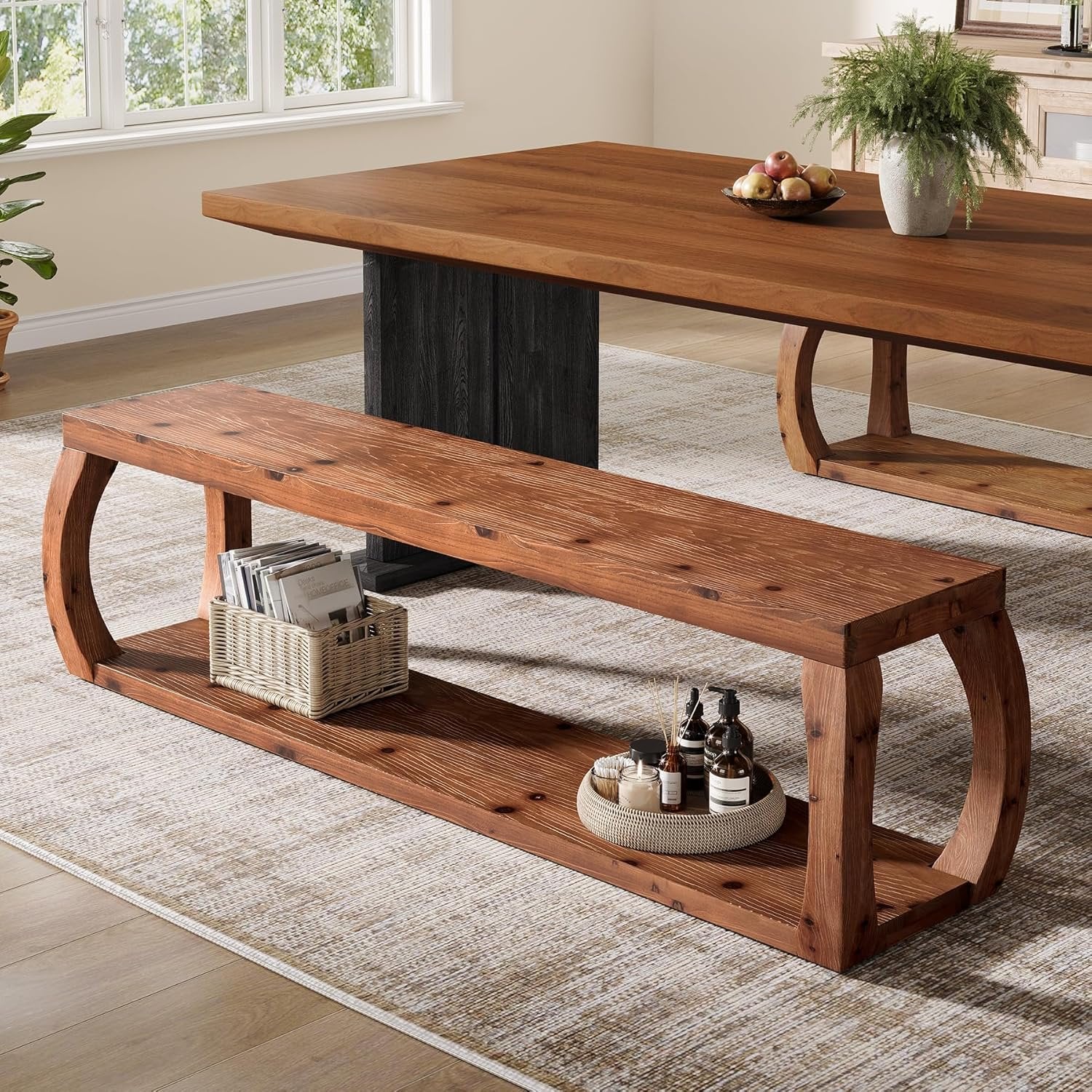 2-Tier Solid Wood Dining Bench, 59" Farmhouse Entryway Bench with Open Shelves