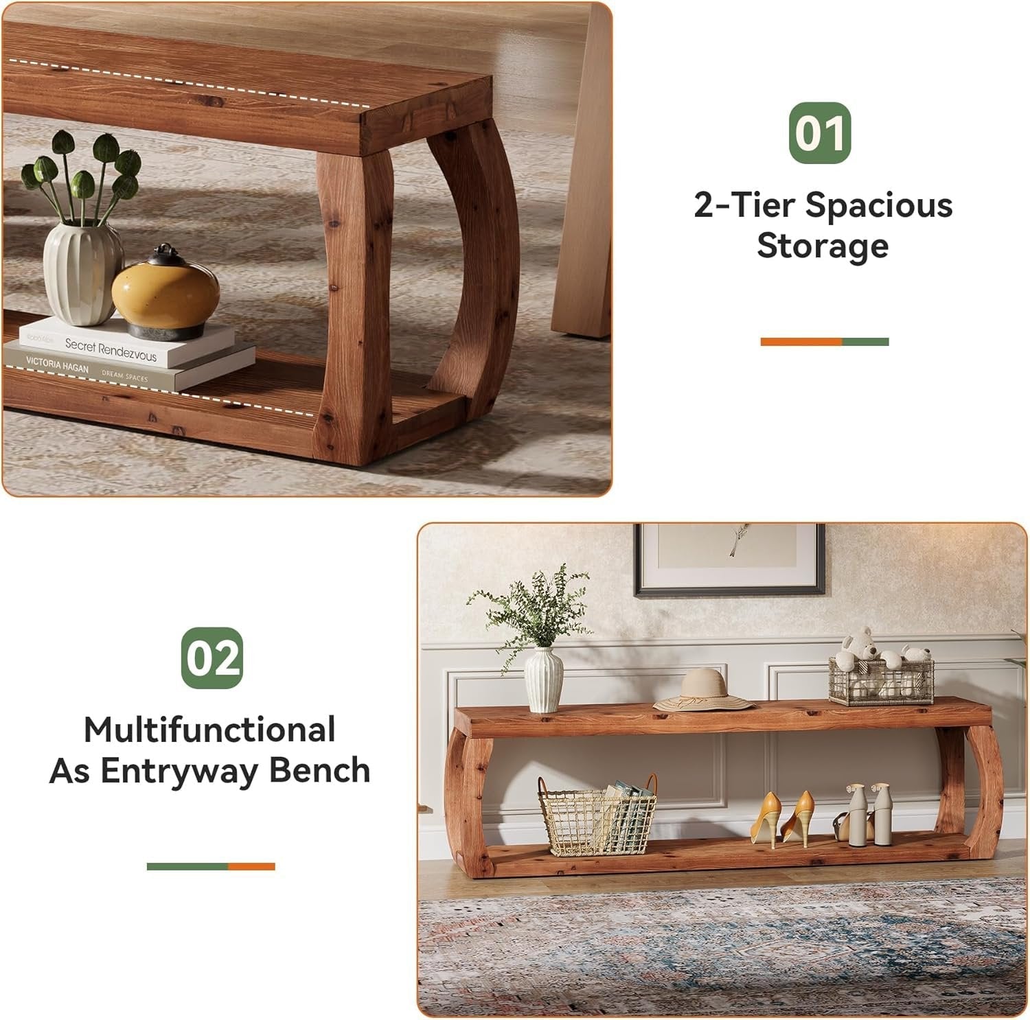 2-Tier Solid Wood Dining Bench, 59" Farmhouse Entryway Bench with Open Shelves