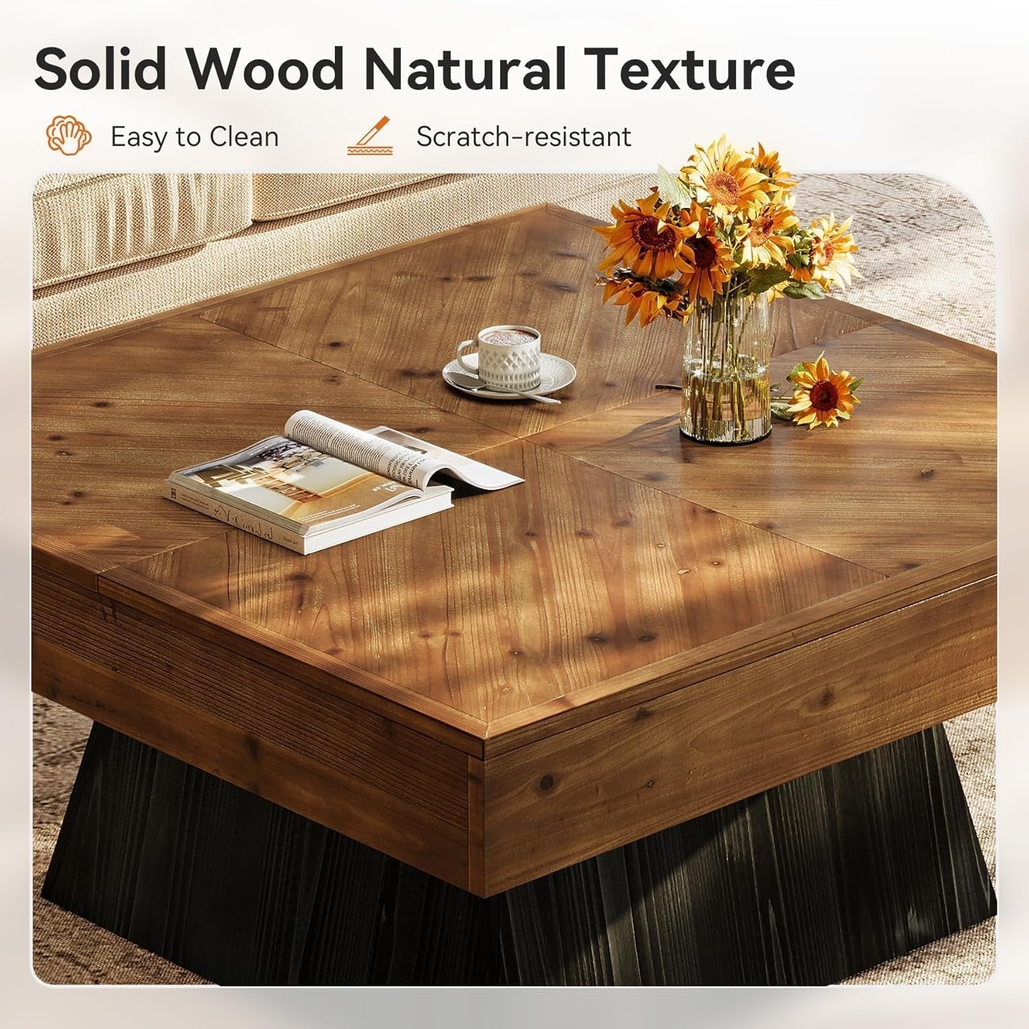 Solid Wood Square Coffee Table, 39.4" Center Cocktail Table with Geometric Base