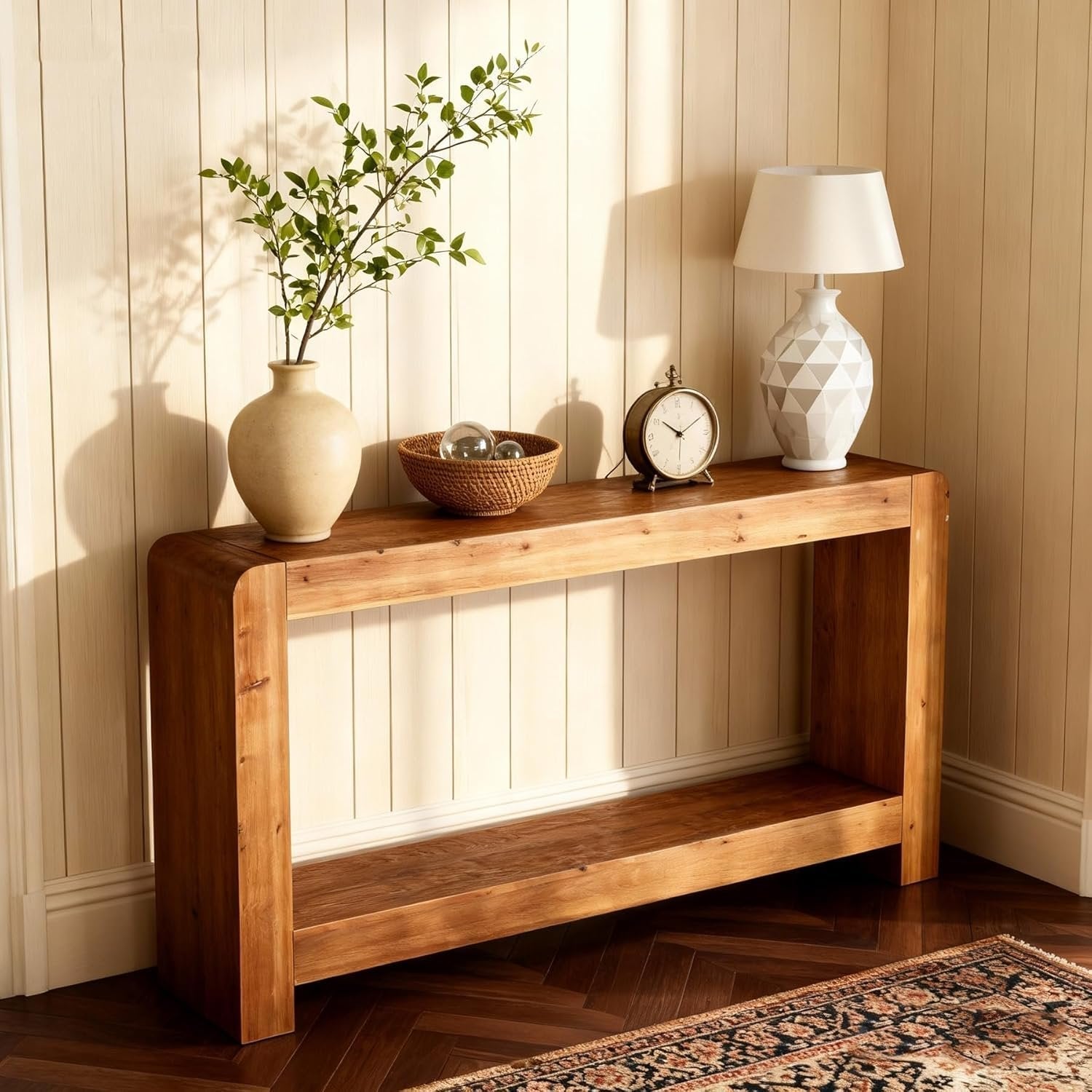 63" Solid Wood Console Table with Storage, 2-Tier Farmhouse Entryway Sofa Table