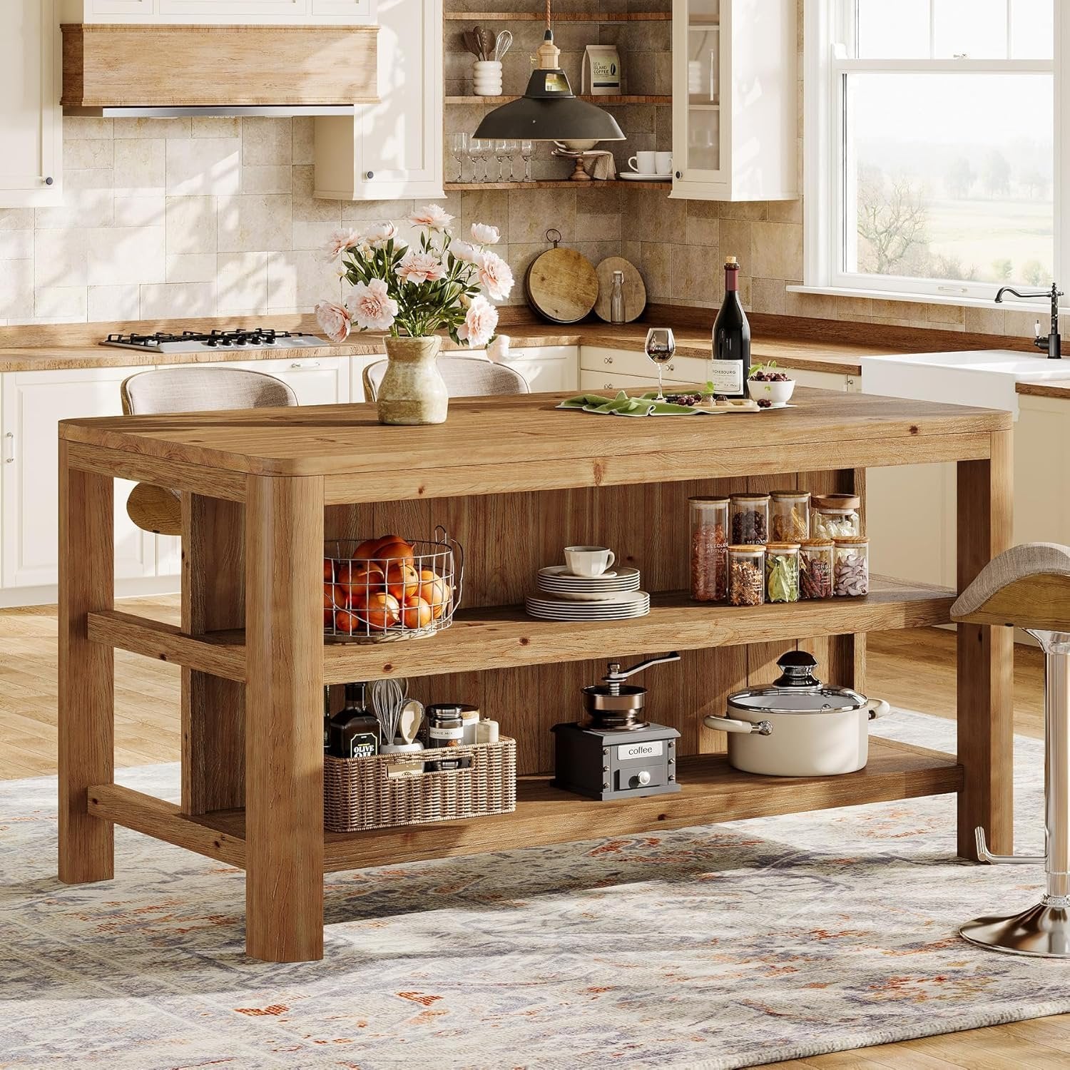 Solid Wood Kitchen Island, 63" Farmhouse Island Table with Storage Shelves