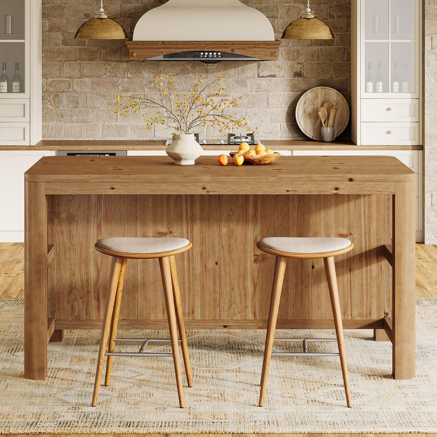 Solid Wood Kitchen Island, 63" Farmhouse Island Table with Storage Shelves