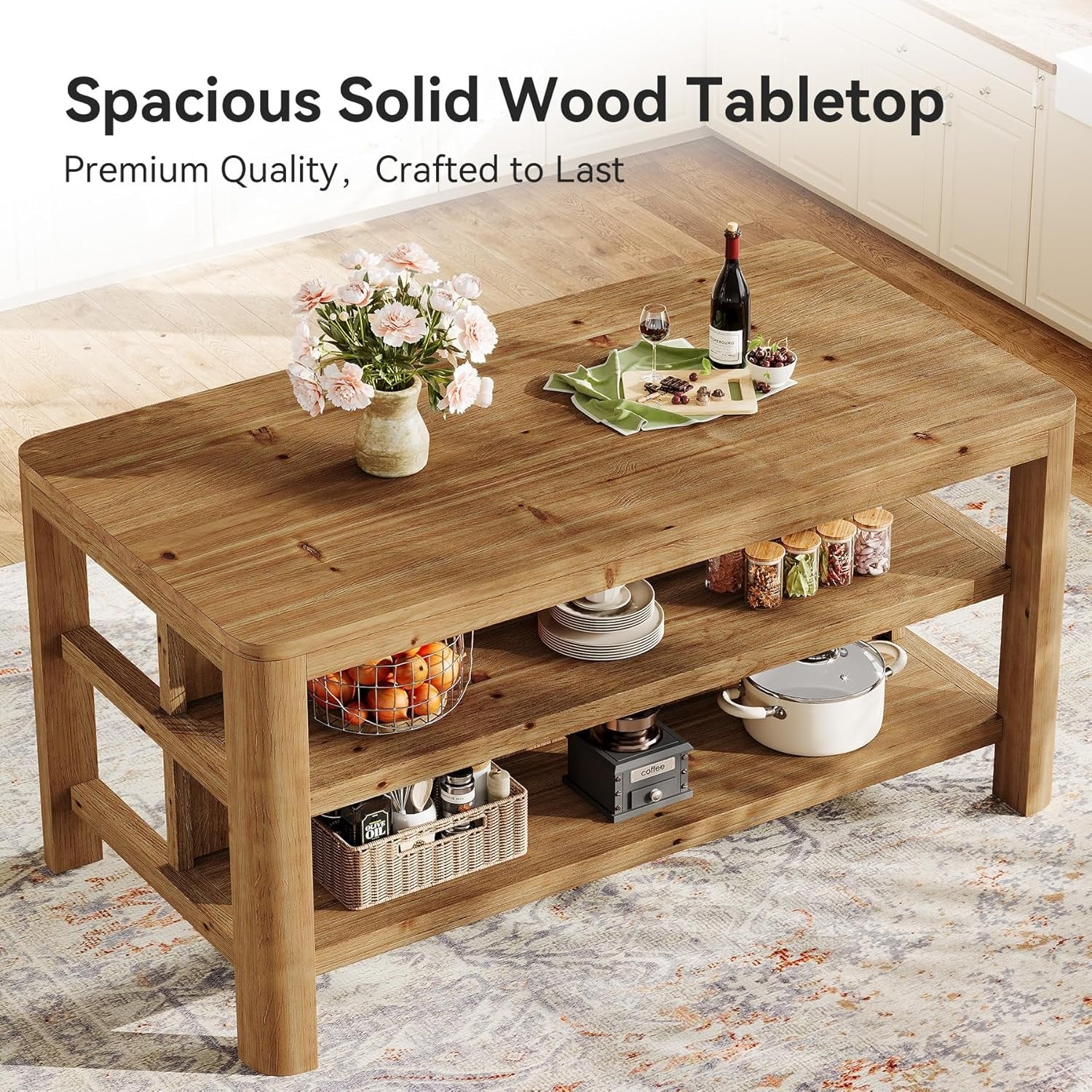 Solid Wood Kitchen Island, 63" Farmhouse Island Table with Storage Shelves