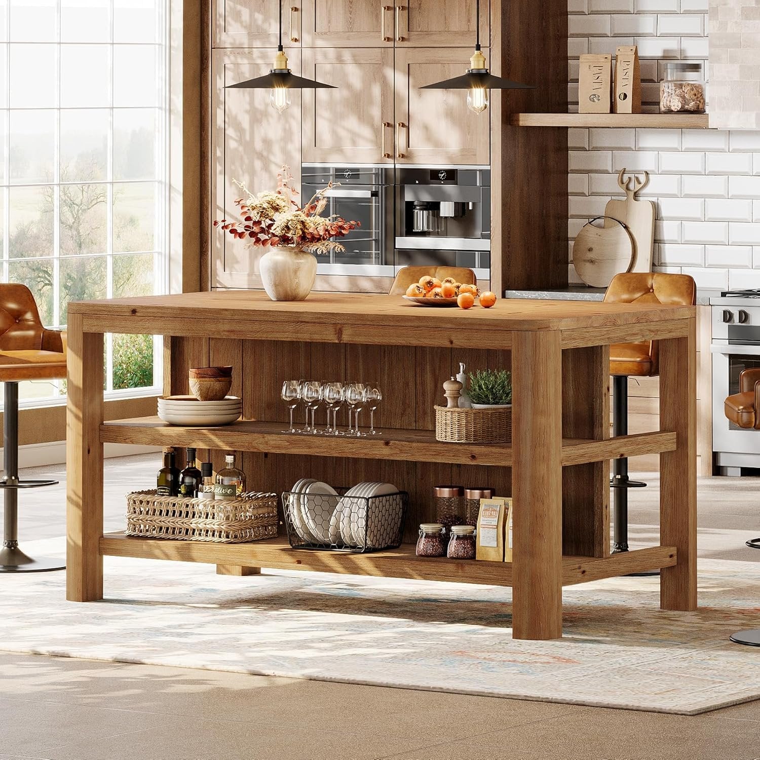 Solid Wood Kitchen Island, 63" Farmhouse Island Table with Storage Shelves