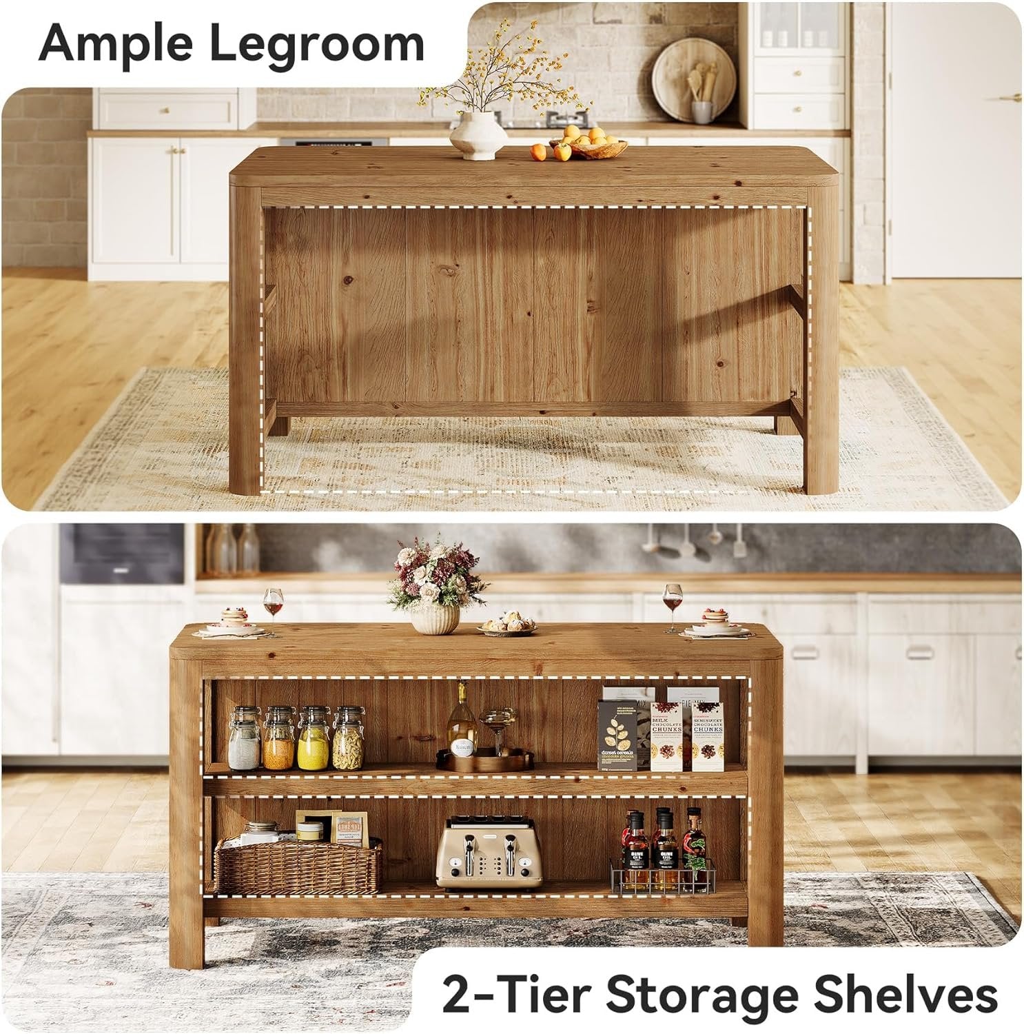 Solid Wood Kitchen Island, 63" Farmhouse Island Table with Storage Shelves