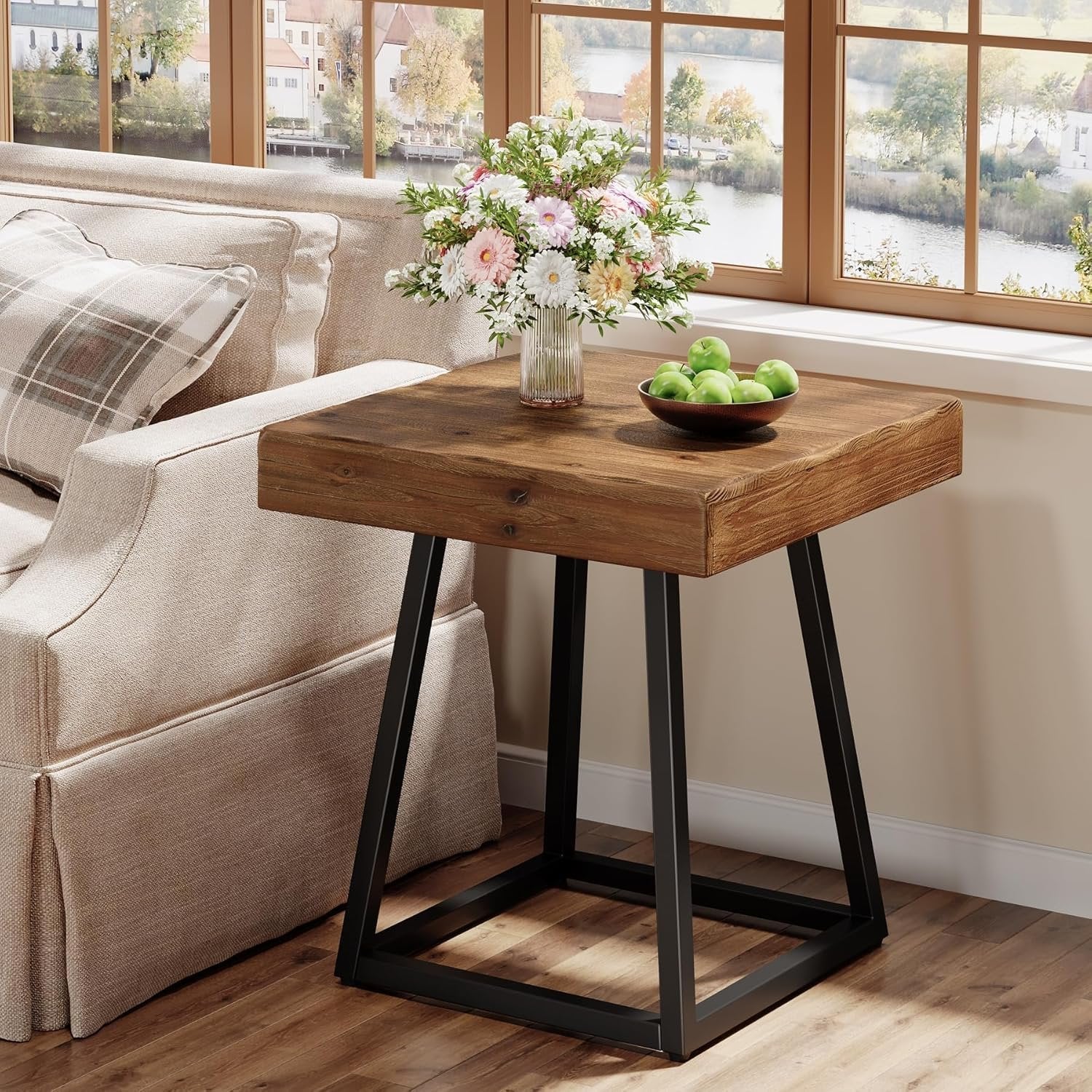 Solid Wood End Table, 19.7" Square Side Table with Metal Frame