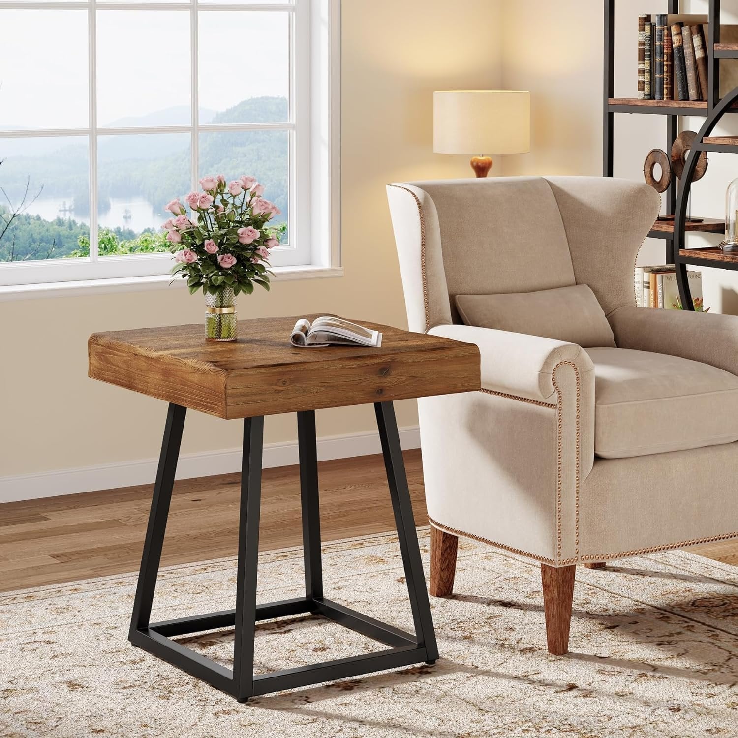 Solid Wood End Table, 19.7" Square Side Table with Metal Frame