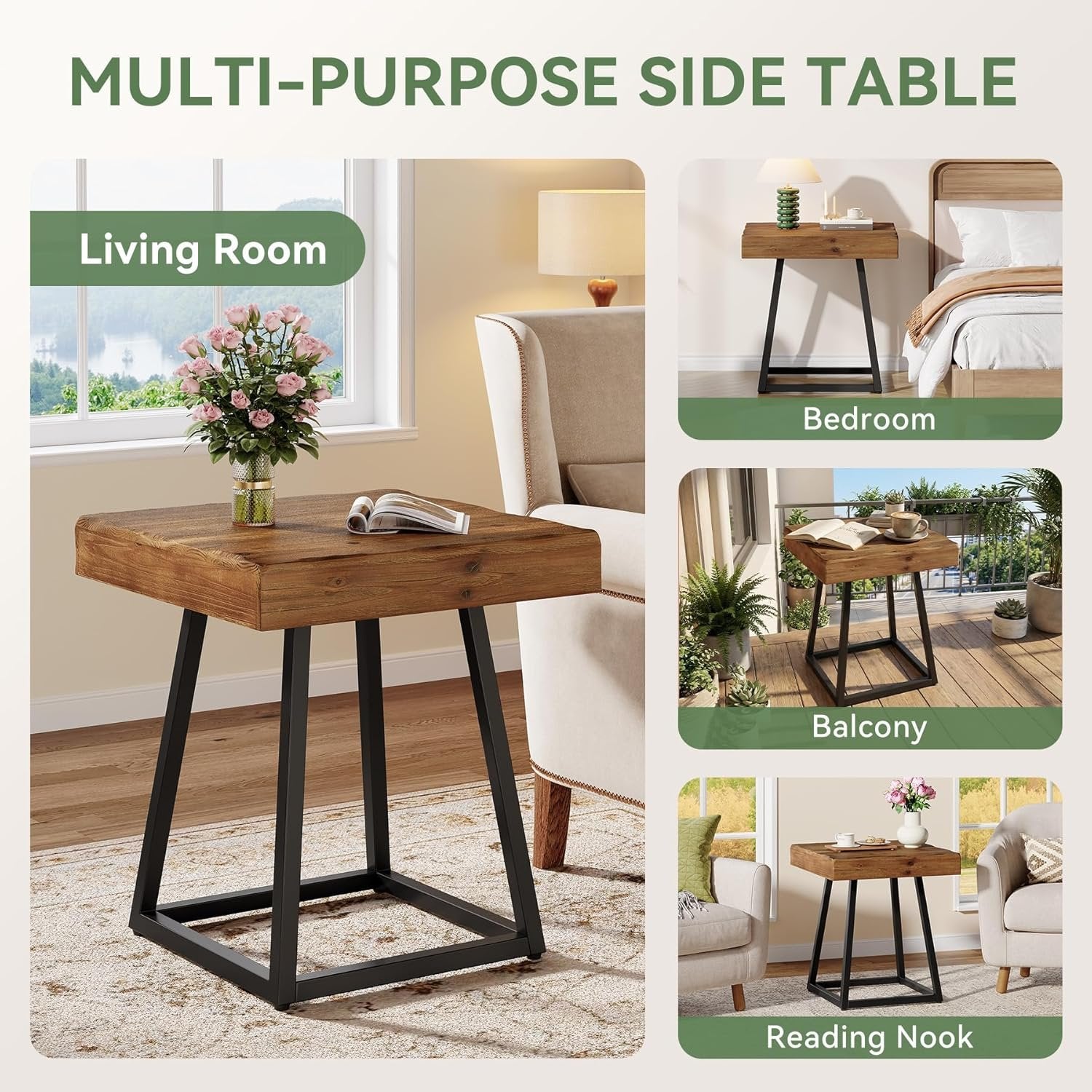 Solid Wood End Table, 19.7" Square Side Table with Metal Frame