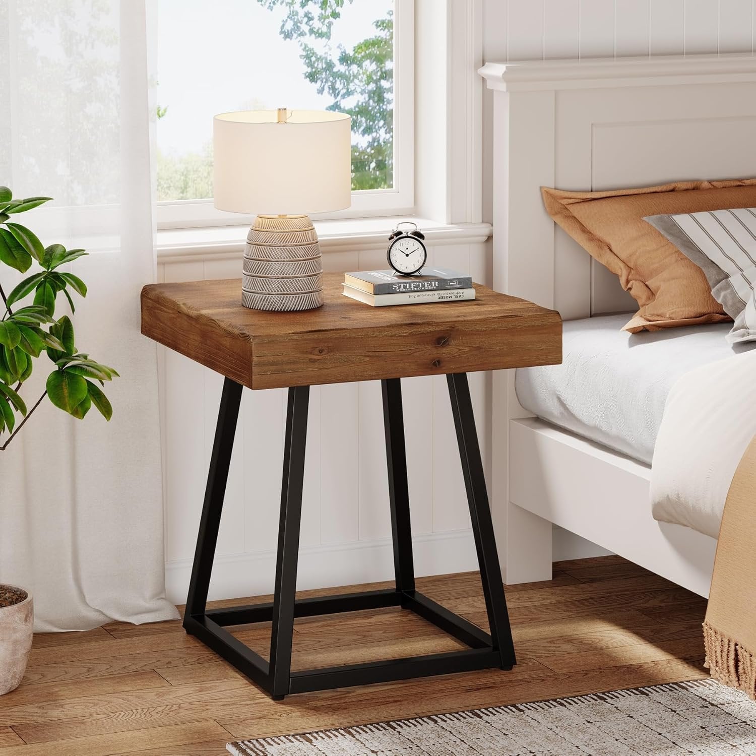 Solid Wood Nightstand, Industrial Square Bedside Table with Metal Frame