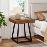 Solid Wood Nightstand, Industrial Square Bedside Table with Metal Frame 3