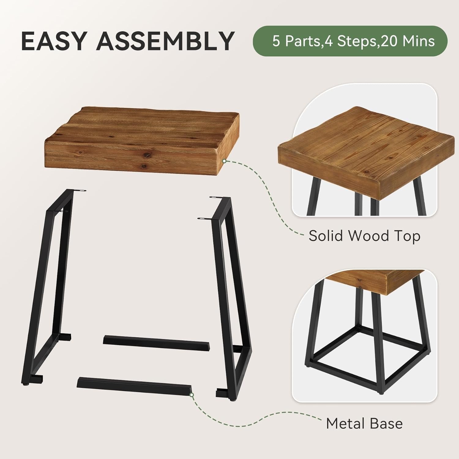 Solid Wood Nightstand, Industrial Square Bedside Table with Metal Frame