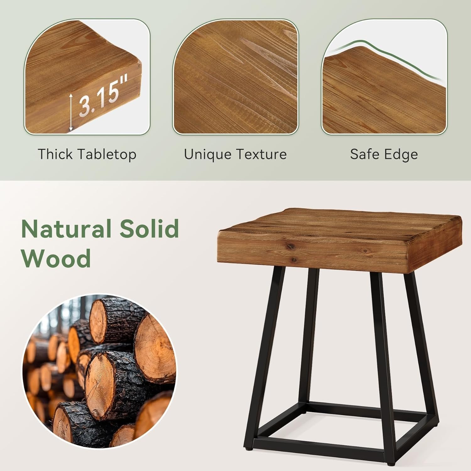 Solid Wood Nightstand, Industrial Square Bedside Table with Metal Frame