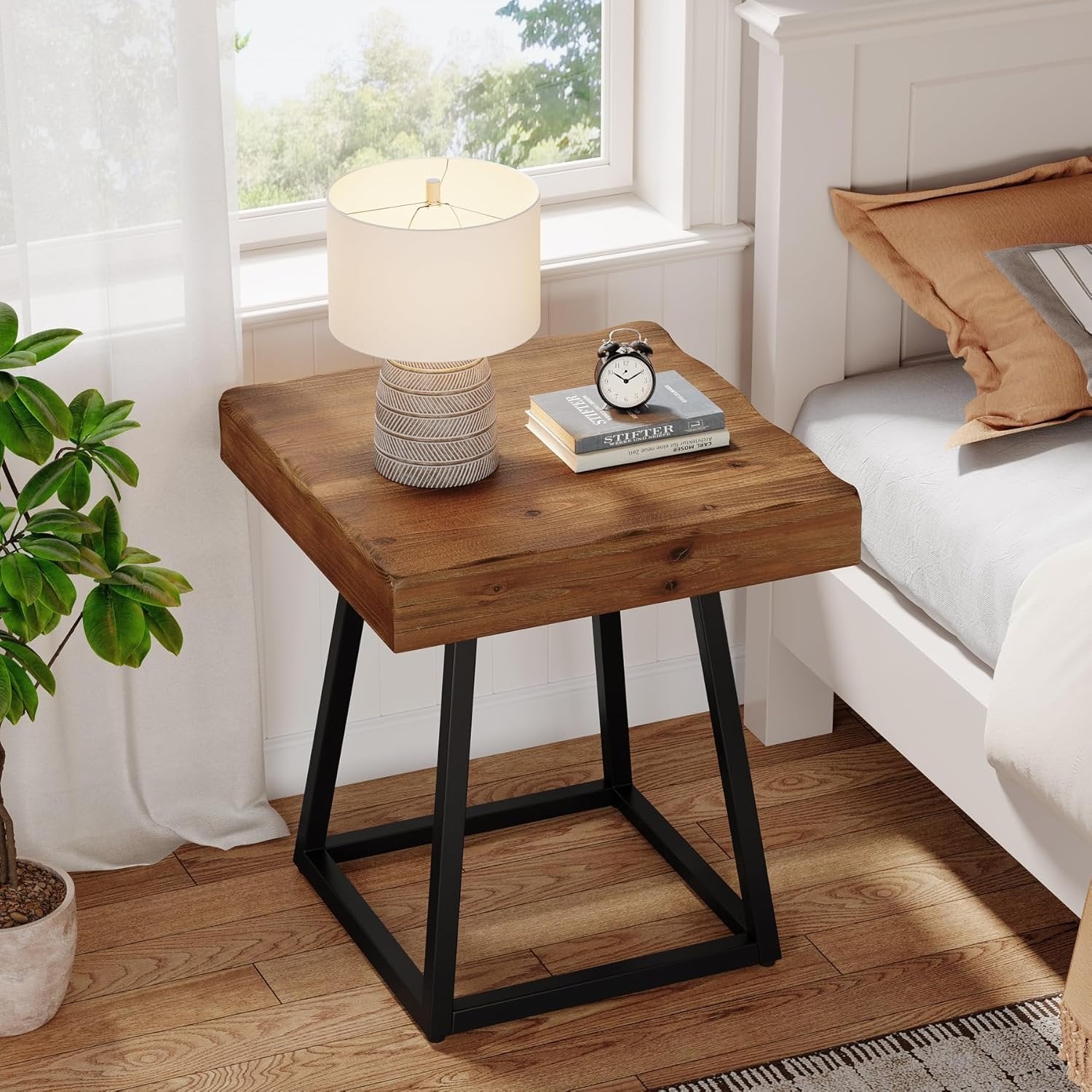 Solid Wood Nightstand, Industrial Square Bedside Table with Metal Frame