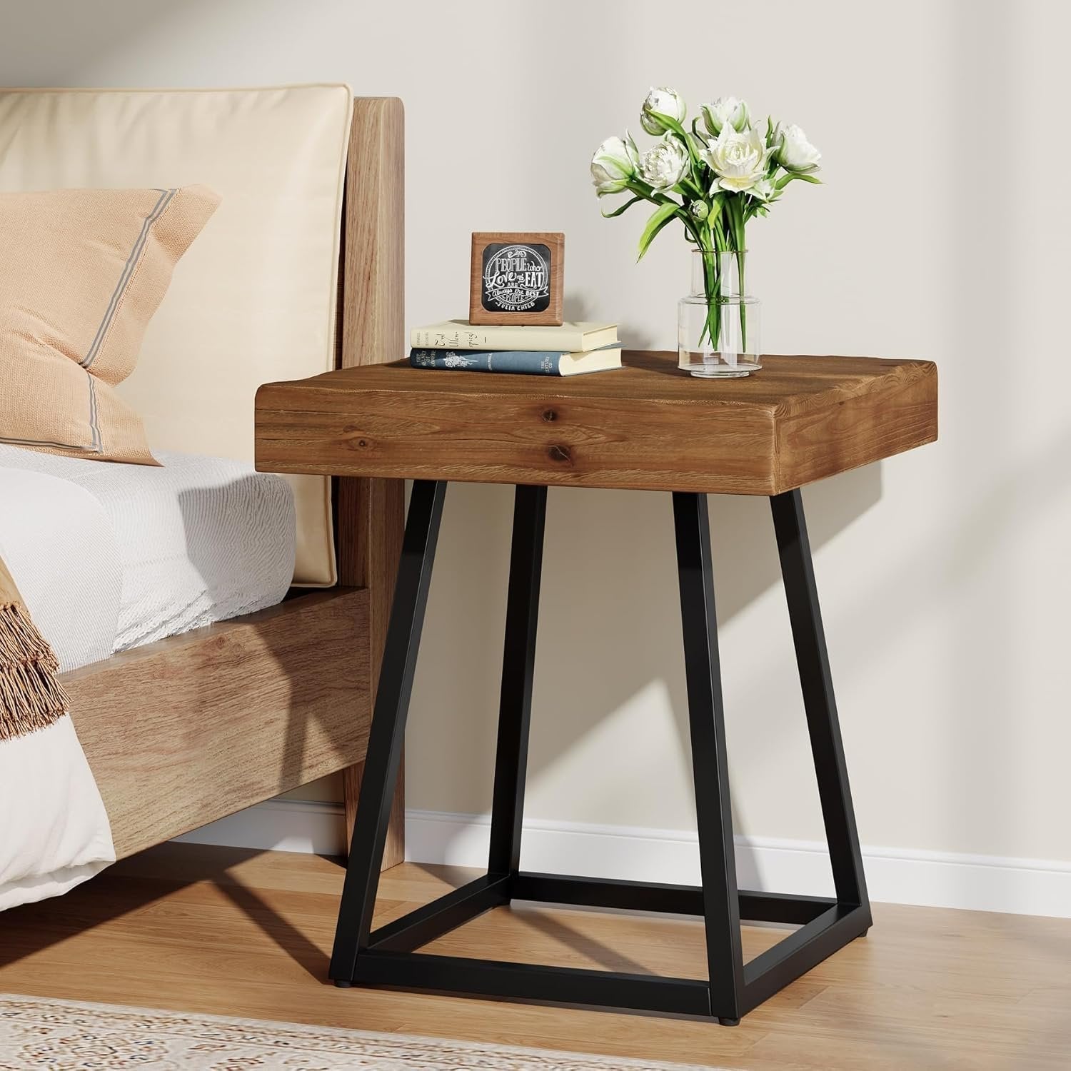Solid Wood Nightstand, Industrial Square Bedside Table with Metal Frame