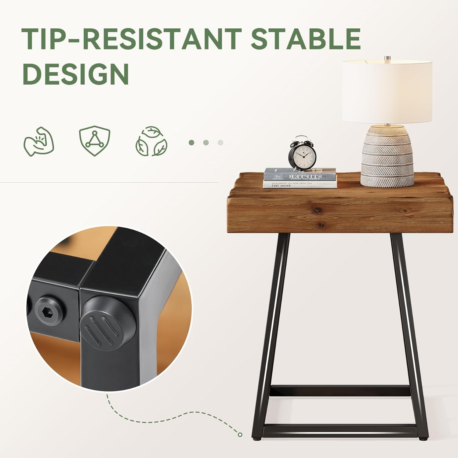 Solid Wood Nightstand, Industrial Square Bedside Table with Metal Frame