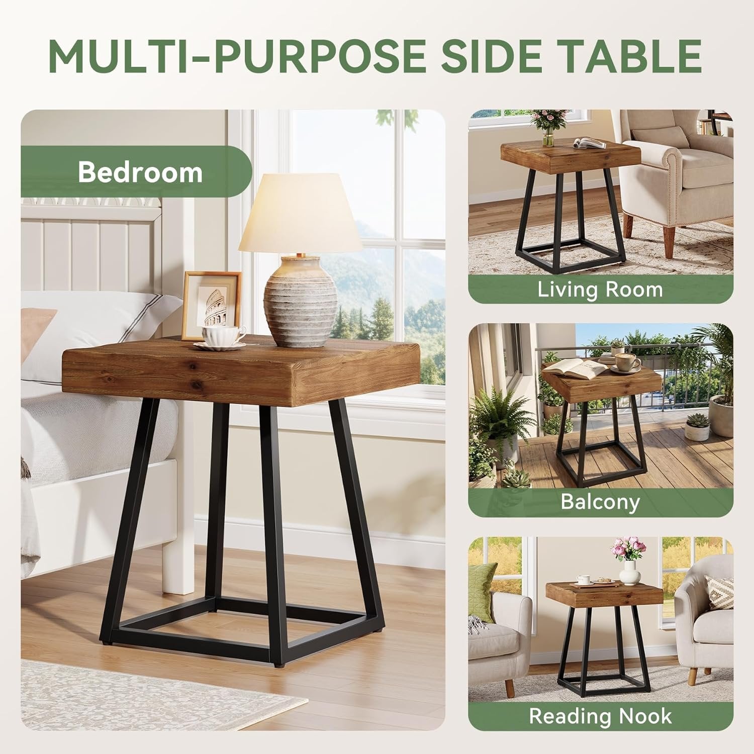 Solid Wood Nightstand, Industrial Square Bedside Table with Metal Frame