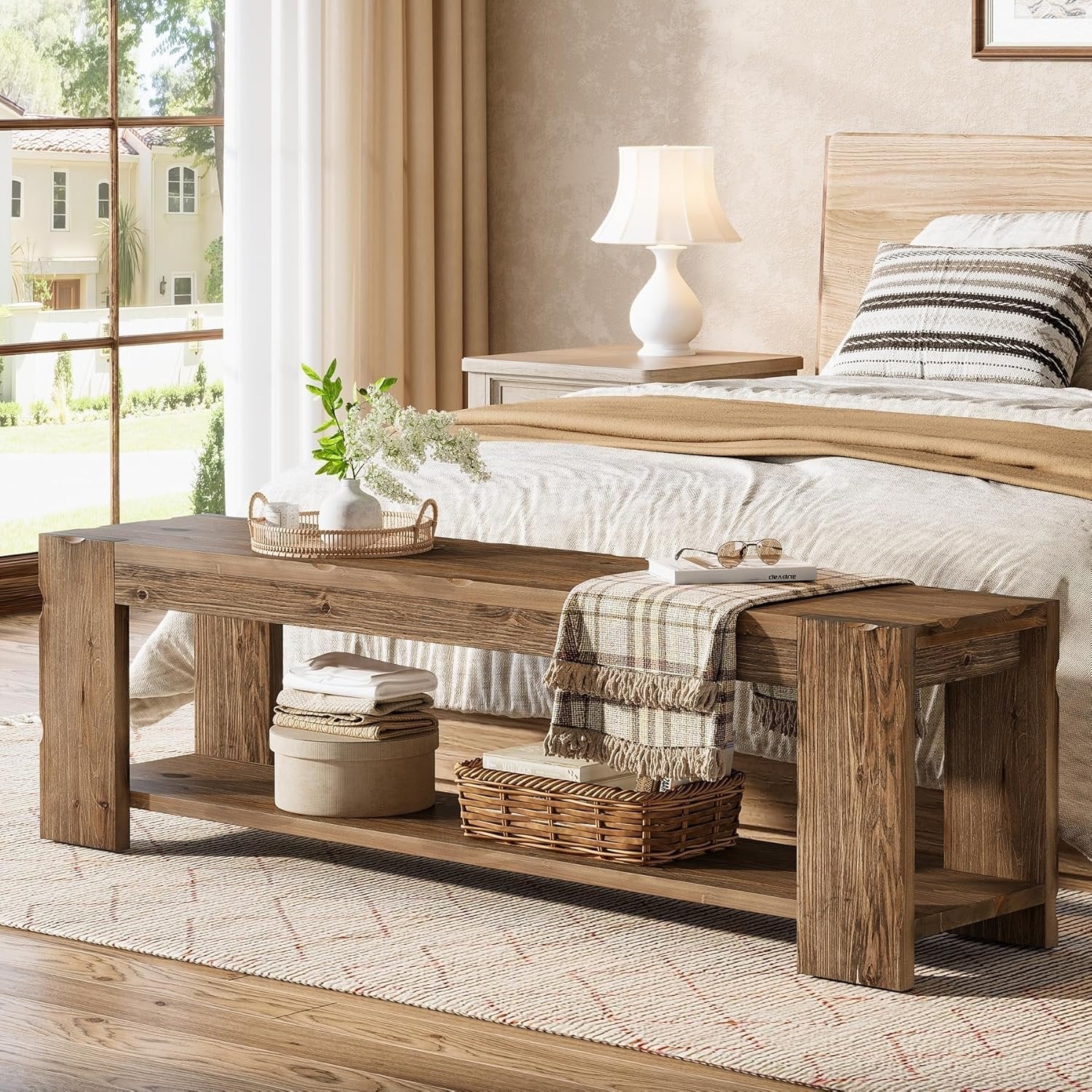 55" Solid Wood Entryway Bench with Storage Shelf, 2-Tier Shoe Bench Seating for Entrance