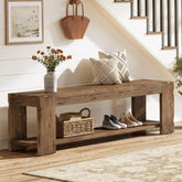 55" Solid Wood Entryway Bench with Storage Shelf, 2-Tier Shoe Bench Seating for Entrance 3