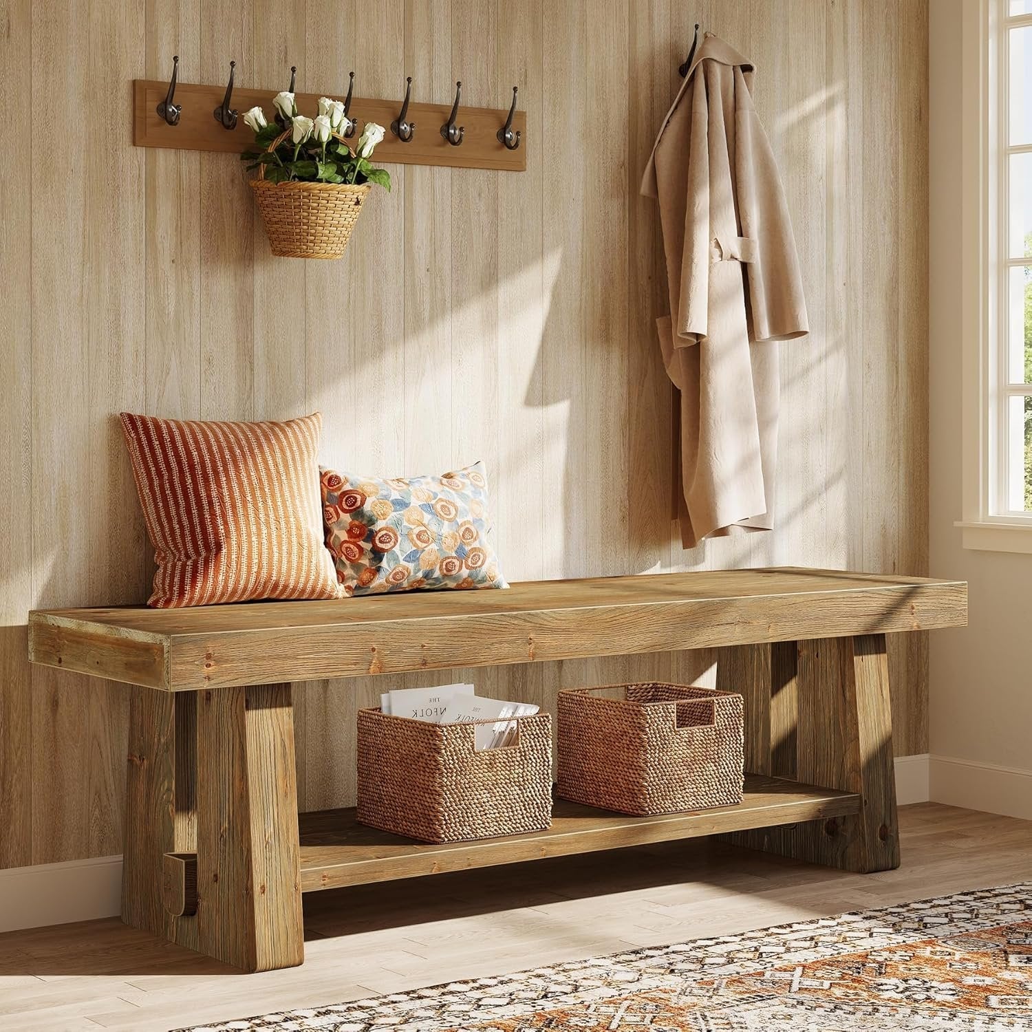 63" Solid Wood Farmhouse Bench with Open Shelves, 2-Tier Shoe Storage Bench for Hallway & Bedroom