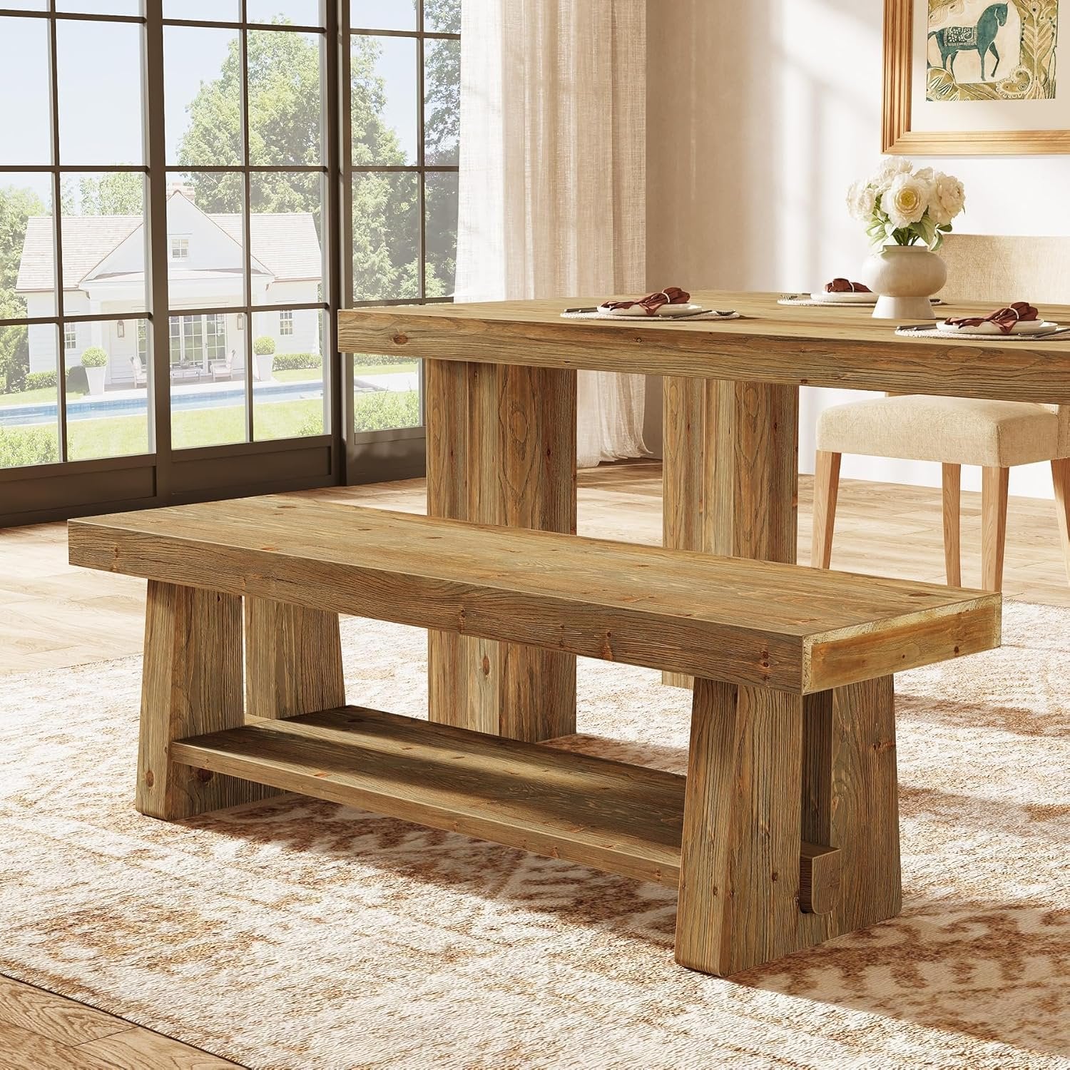 63" Solid Wood Farmhouse Bench with Open Shelves, 2-Tier Shoe Storage Bench for Hallway & Bedroom