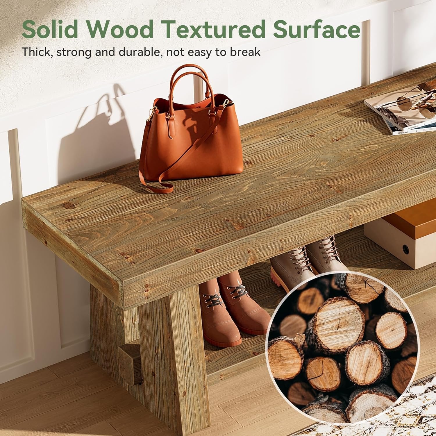 63" Solid Wood Farmhouse Bench with Open Shelves, 2-Tier Shoe Storage Bench for Hallway & Bedroom