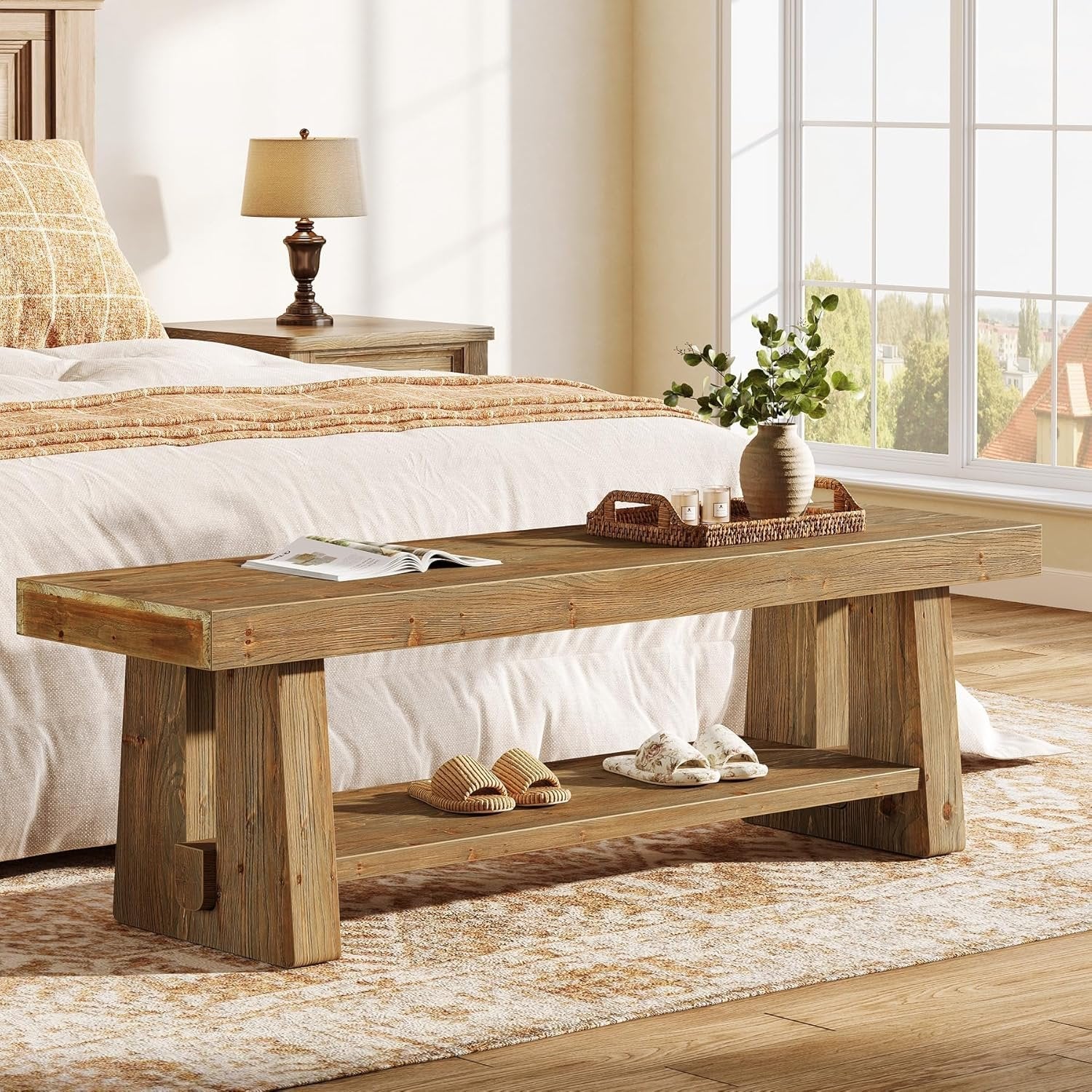 63" Solid Wood Farmhouse Bench with Open Shelves, 2-Tier Shoe Storage Bench for Hallway & Bedroom