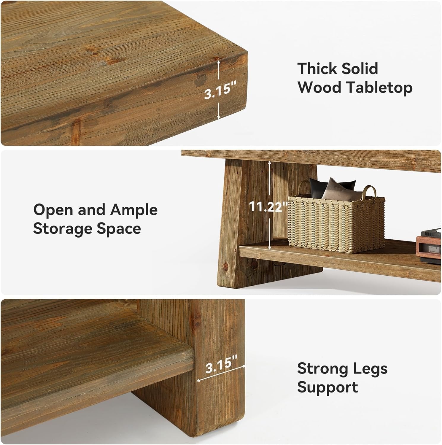 63" Solid Wood Farmhouse Bench with Open Shelves, 2-Tier Shoe Storage Bench for Hallway & Bedroom