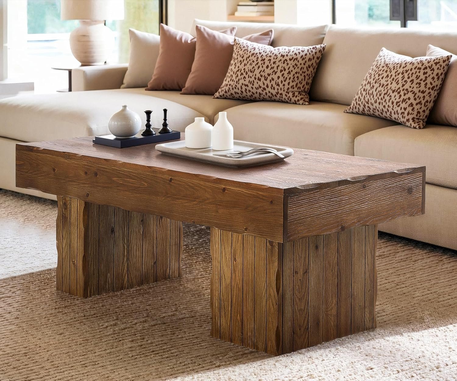 Solid Wood Coffee Table, 47" Farmhouse Center Table with Thick Base