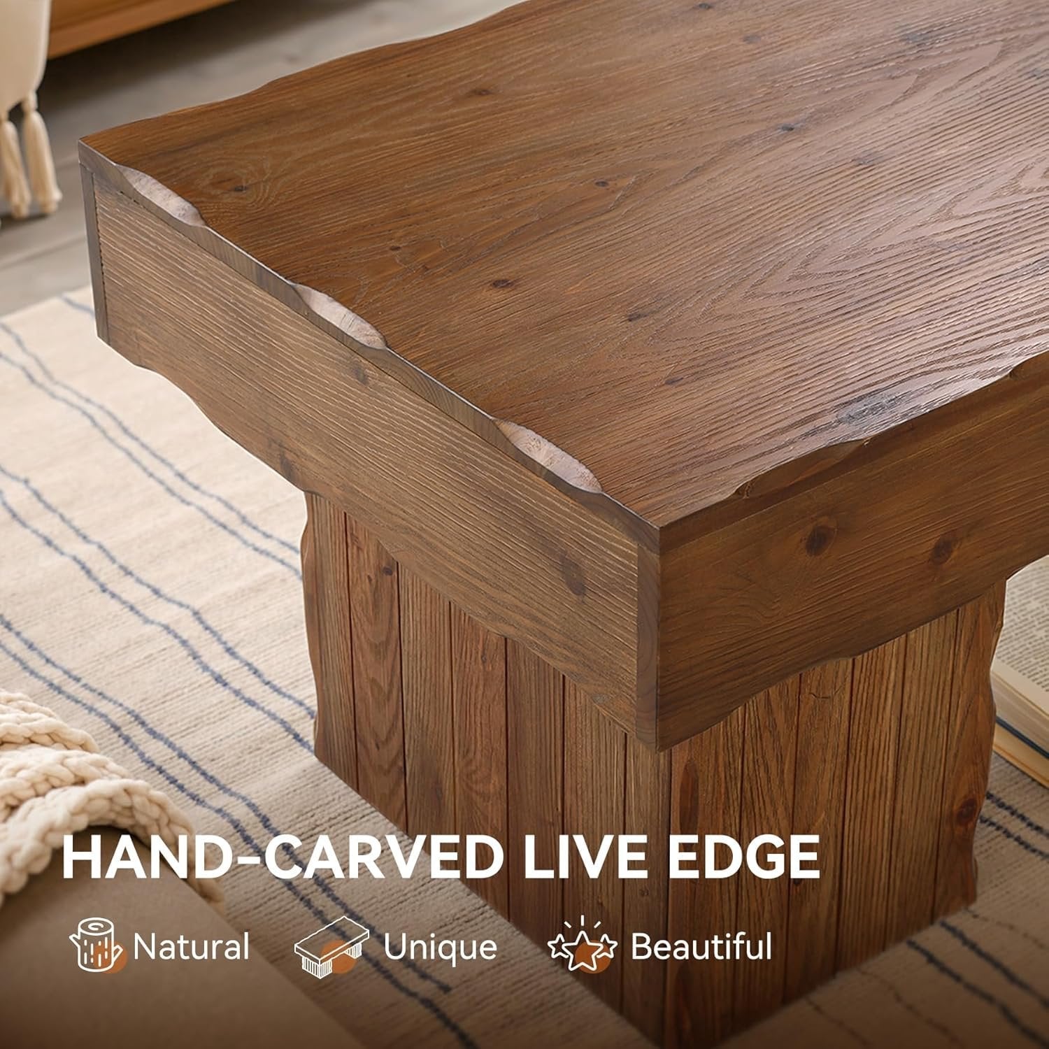 Solid Wood Coffee Table, 47" Farmhouse Center Table with Thick Base