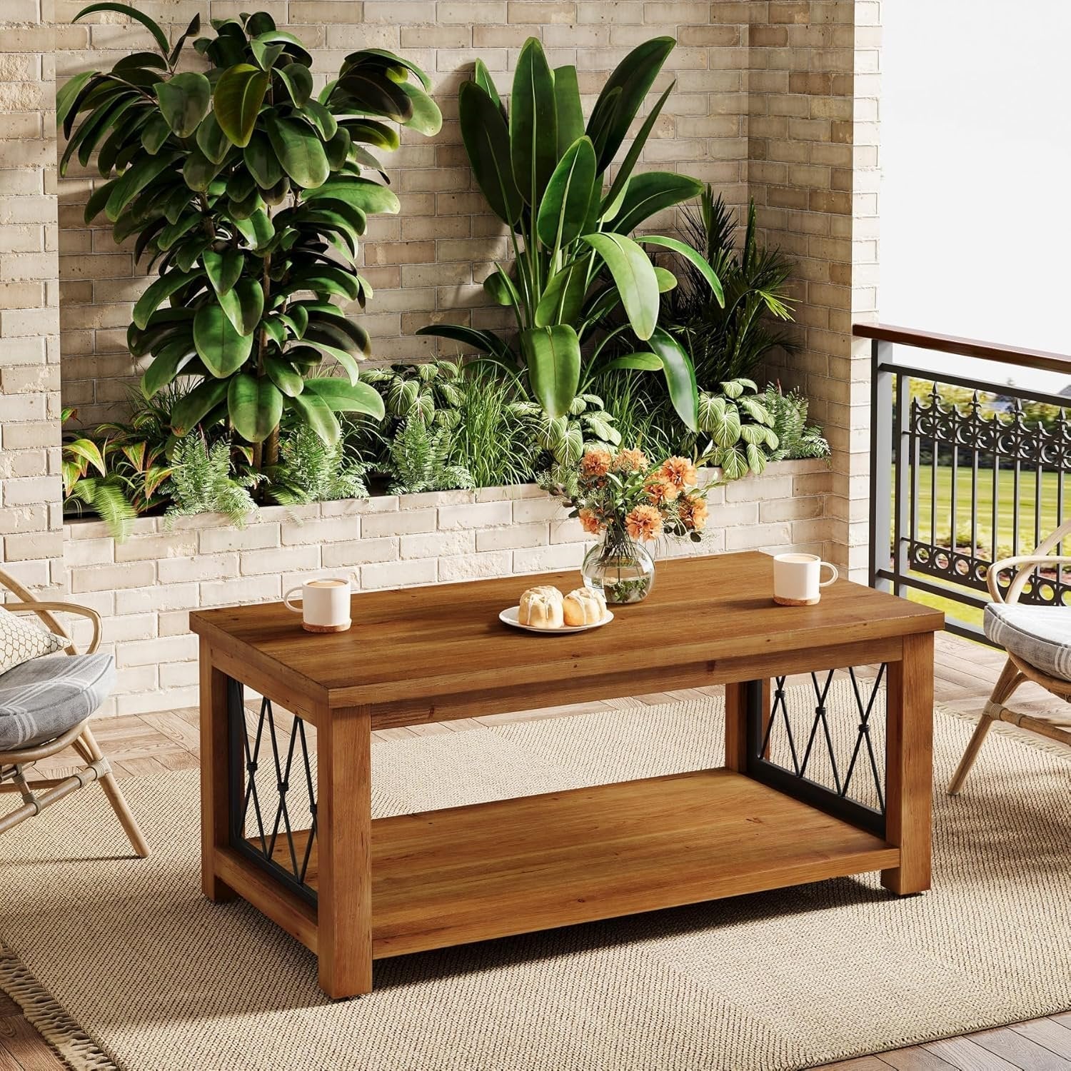 Rectangular Solid Wood Coffee Table, 47" Center Tea Table with 2-Tier Shelf