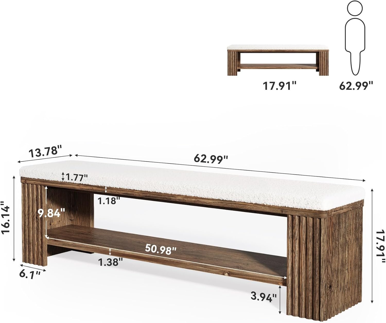 63" Solid Wood Entryway Bench, Modern Upholstered End of Bed Bench