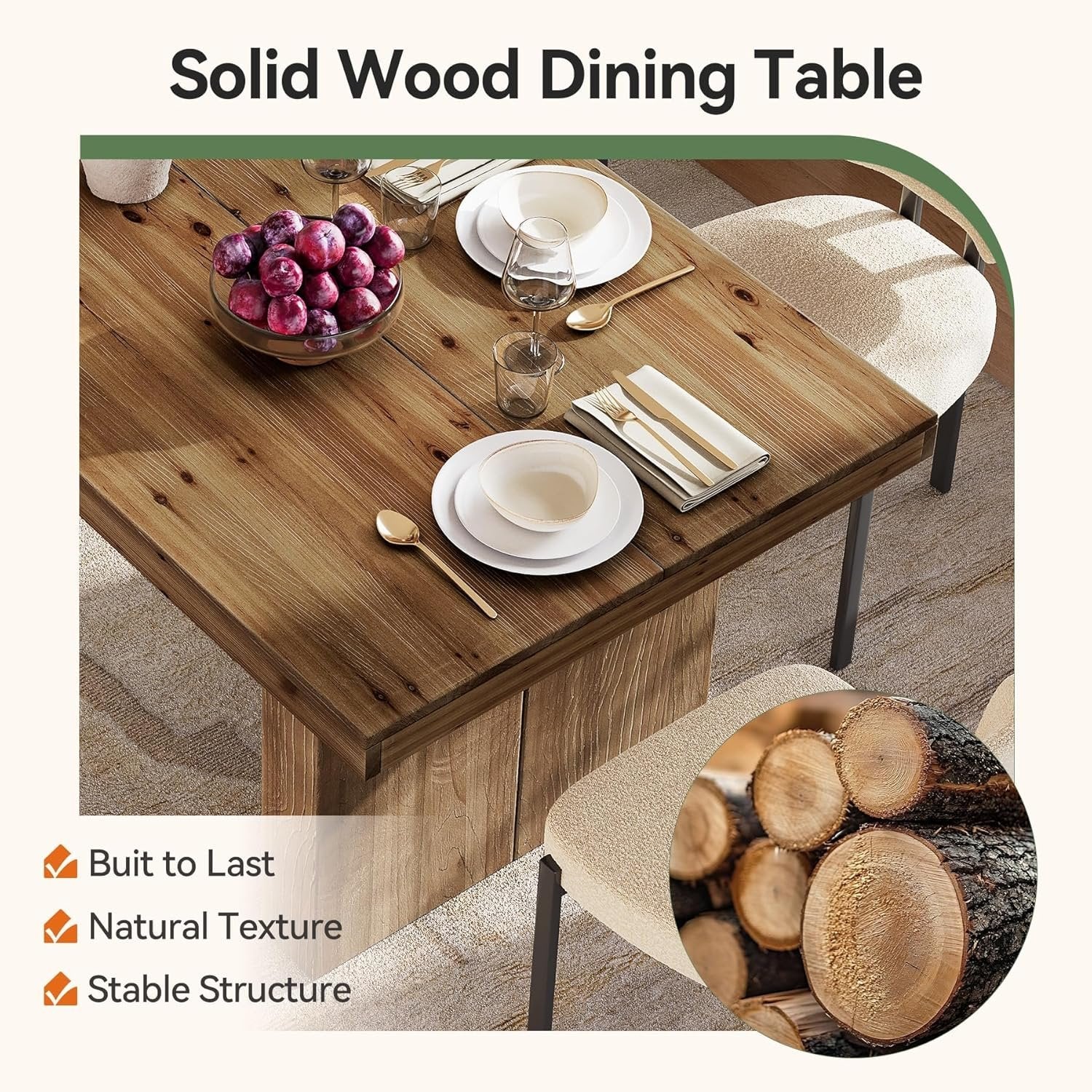 63" Rectangle Dining Table, Farmhouse Solid Wood Kitchen Dinner Table for 4-6 People