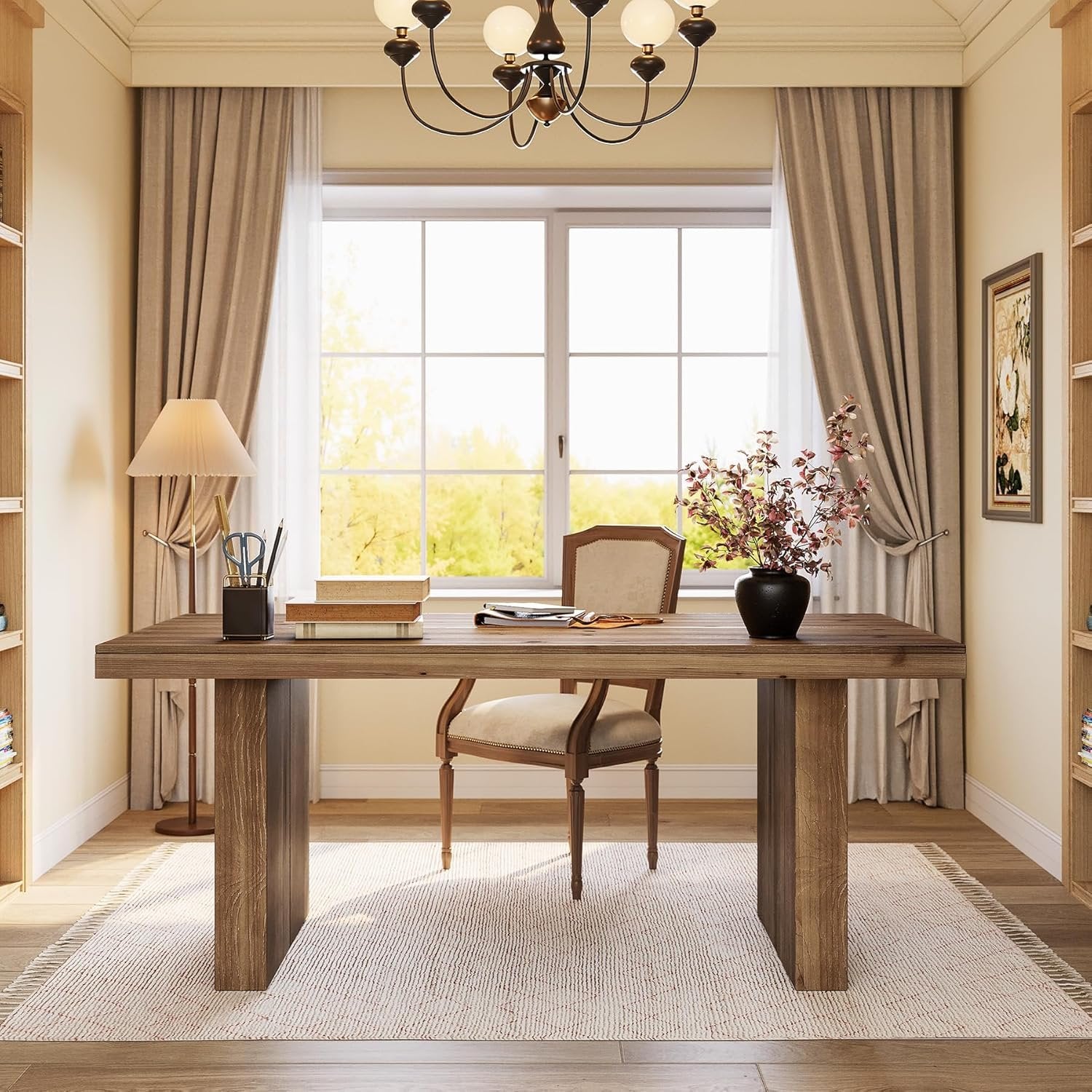 63" Solid Wood Executive Desk, Farmhouse Large Computer Desk with Sturdy Legs