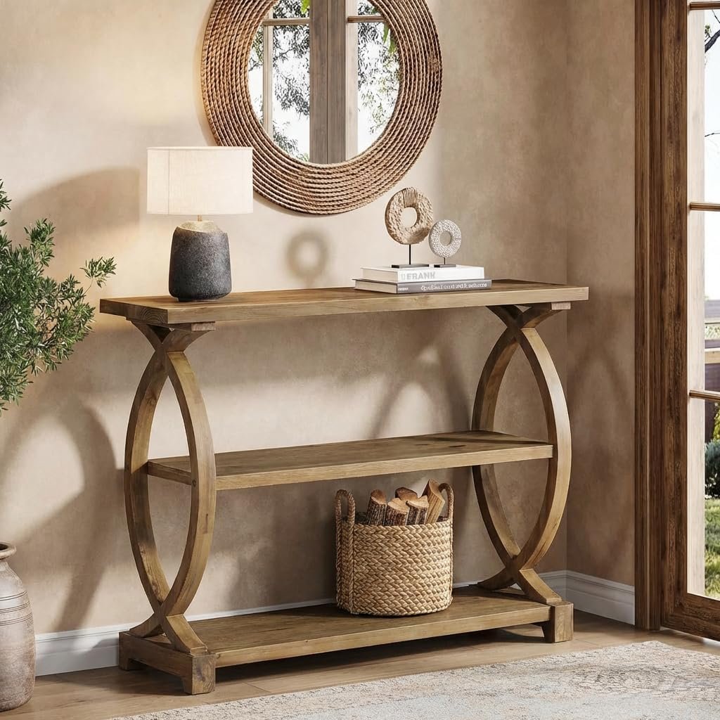 41.34" Solid Wood Console Table with 3-Tier Storage, Rustic Sofa Table for Entryway & Living Room