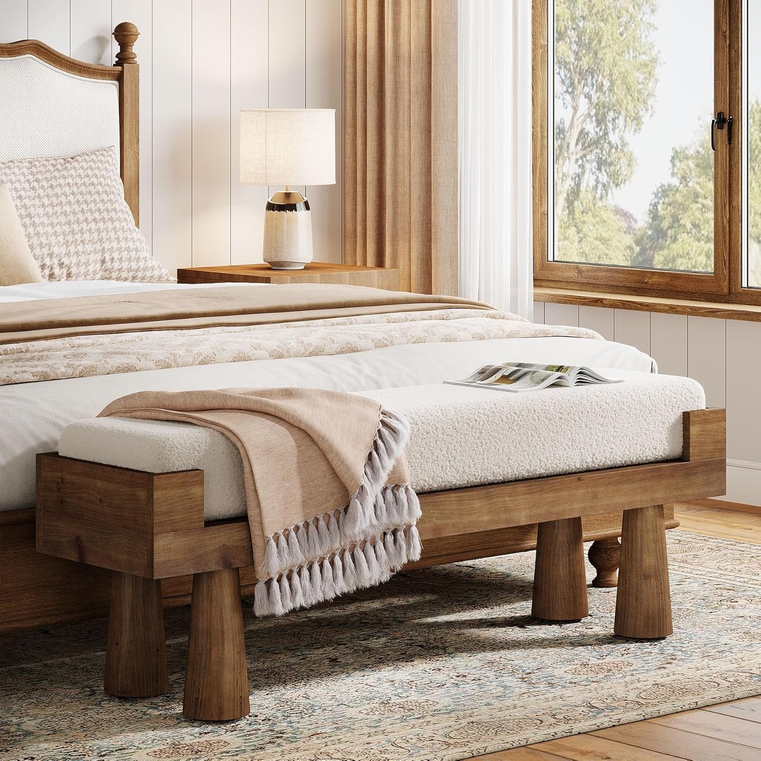 Upholstered Entryway Bench, Shoe Bench End of Bed Footstool with Solid Wood Legs