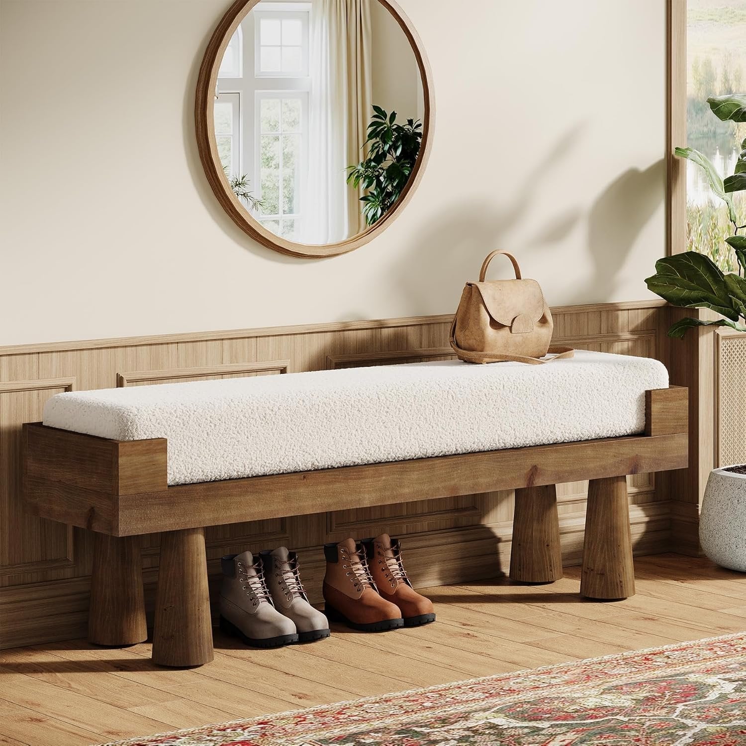 Upholstered Entryway Bench, Shoe Bench End of Bed Footstool with Solid Wood Legs